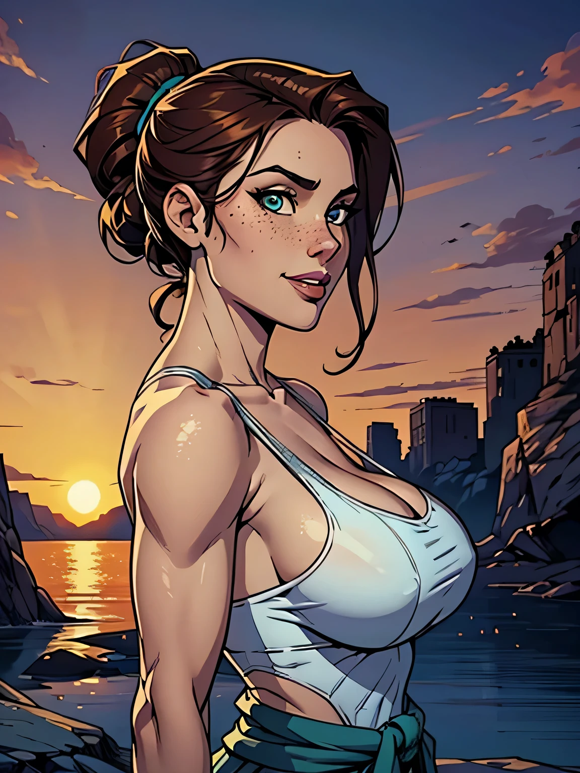 Melhor qualidade, obra de arte, (realista: 1.2) Close up of a thin and athletic woman (Lara Croft), 25 anos, 16k (( high definition )), sorriso lindo, olhar sedutor ((looking at the spectator)), olhos marrons, wearing a fitted teal regatta (( decote em v, sem mangas )), cintura fina, She wears a brown belt, arms on the sides of her body, pele morena, cabelo castanho (( with a braided ponytail )), She's alone in a cave (( upper body, From head to waist , side view 1 .4)), with freckles on her neck and breasts, (( large, round breasts 1.4)), (( Well defined collarbone)). estilo cartoon (( QG )), cave and sunset in the background.