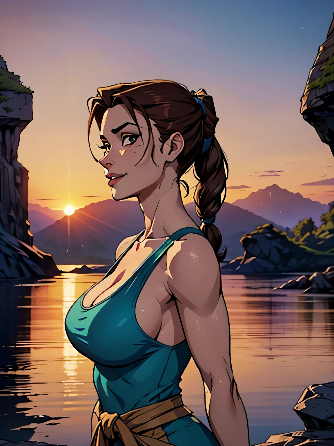Melhor qualidade, obra de arte, (realista: 1.2) Close up of a thin and athletic woman (Lara Croft), 25 anos, 16k (( high definition )), sorriso lindo, olhar sedutor ((looking at the spectator)), olhos marrons, wearing a fitted teal regatta (( decote em v, sem mangas )), cintura fina, She wears a brown belt, arms on the sides of her body, pele morena, cabelo castanho (( with a braided ponytail )), She's alone in a cave (( upper body, From head to waist , side view 1 .4)), with freckles on her neck and breasts, (( large, round breasts 1.4)), (( Well defined collarbone)). estilo cartoon (( QG )), cave and sunset in the background.