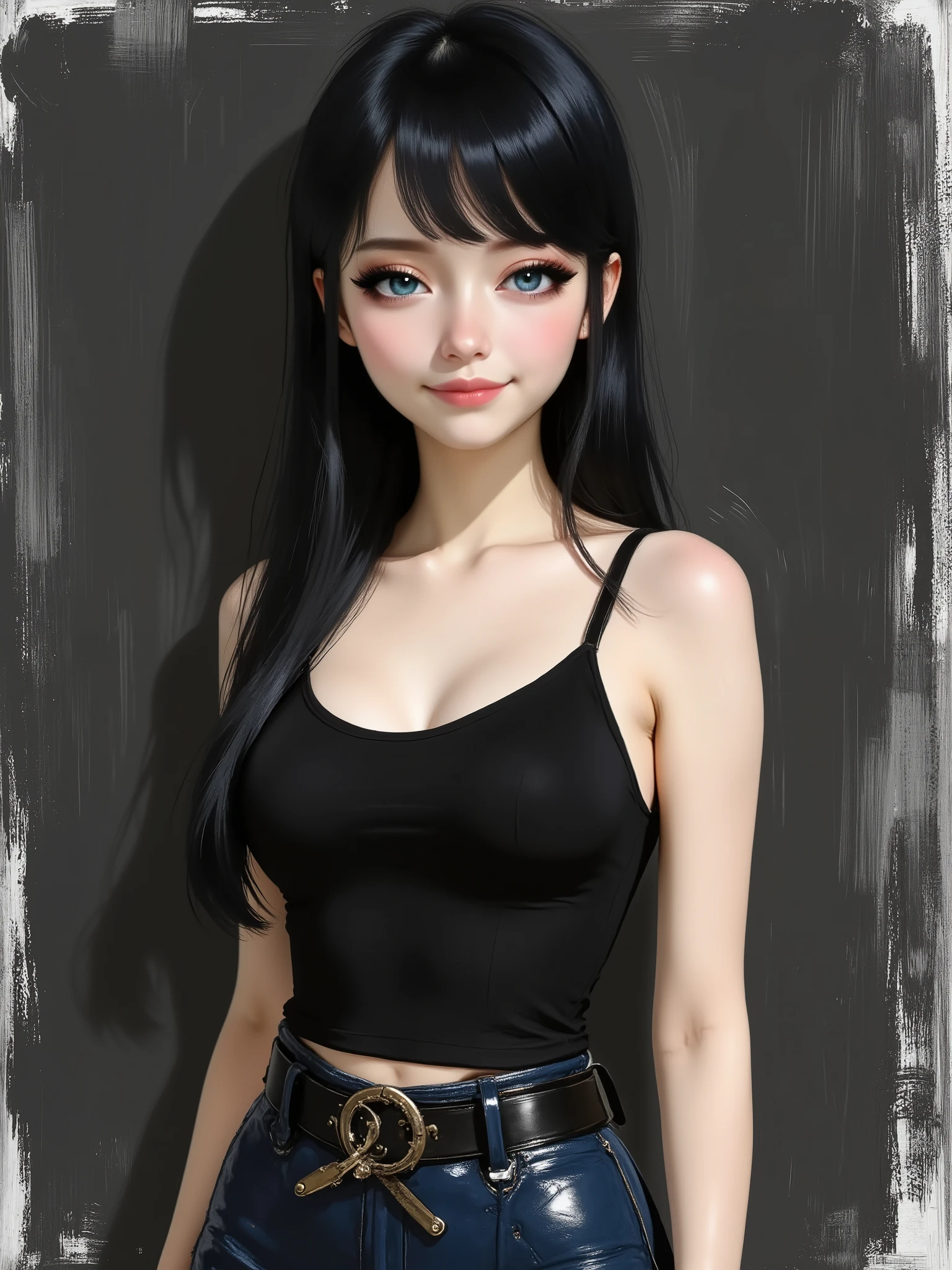 sketch painting, marinette Dopanchan, Anime , A very beautiful and cute 22 year old woman with a slight smile. (((Shy smile))), sharp focus on the face, (((Western eyes:1.5))), (((Extremely detailed ice-blue eyes, beautiful eyes, beautifully detailed eyes))), (((delicately detailed thin pink lips))), (((long hair, shiny hair))), (((black medieval steampunk style sleeveless t-shirt))), (((Dark Blue medieval steampunk style leather warrior pants))), (((full body view, dynamic pose, standing:1.5, graceful pose))), (((The background is Dark Gray and painted with expressive, visible textures using dynamic brushstrokes and strokes that add depth and movement. The paint covers only the area just behind the subject. The outer edges of the image with black margins, as if the background had been painted with a brush and with expressive and visible textures using dynamic brushstrokes and strokes fading toward the edges creating a modern and artistic vignette effect))). Cinematic lighting, soft depth of field, (((masterpiece/high resolution/Best Quality/top quality/high quality/UHD/16k quality))), sharp focus, no blur, film grain, bokeh.