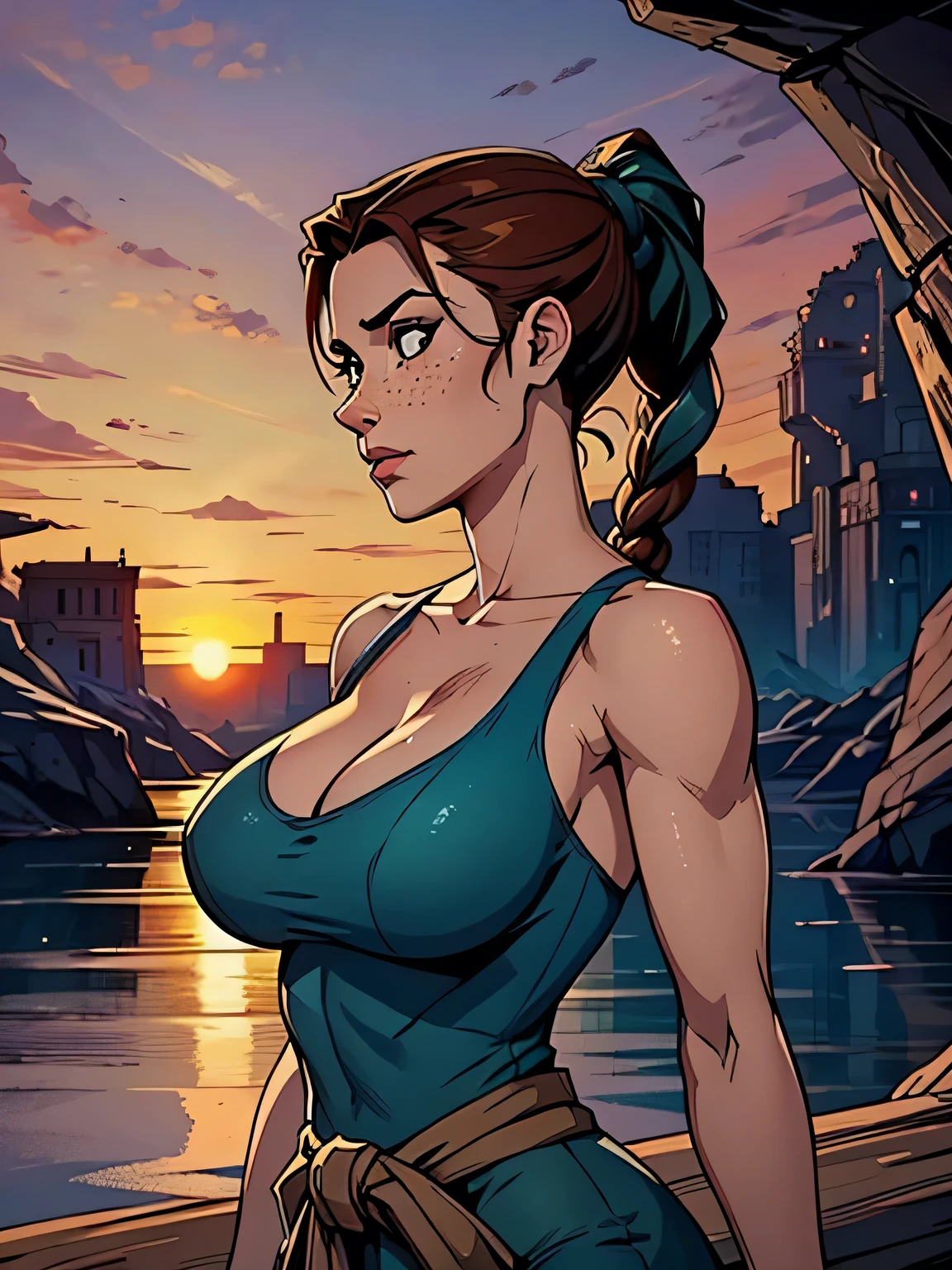 Melhor qualidade, obra de arte, (realista: 1.2) Close up of a thin and athletic woman (Lara Croft), 25 anos, 16k (( high definition )), semblante pensativo, olhar sedutor ((looking at the spectator)), olhos marrons, wearing a fitted teal regatta (( decote em v, sem mangas )), cintura fina, She wears a brown belt, arms on the sides of her body, pele morena, cabelo castanho (( with a braided ponytail )), She's alone in a cave (( upper body, From head to waist , side view 1 .4)), with freckles on her neck and breasts, (( large, round breasts 1.4)), (( Well defined collarbone)). estilo cartoon (( QG )), cave and sunset in the background.
