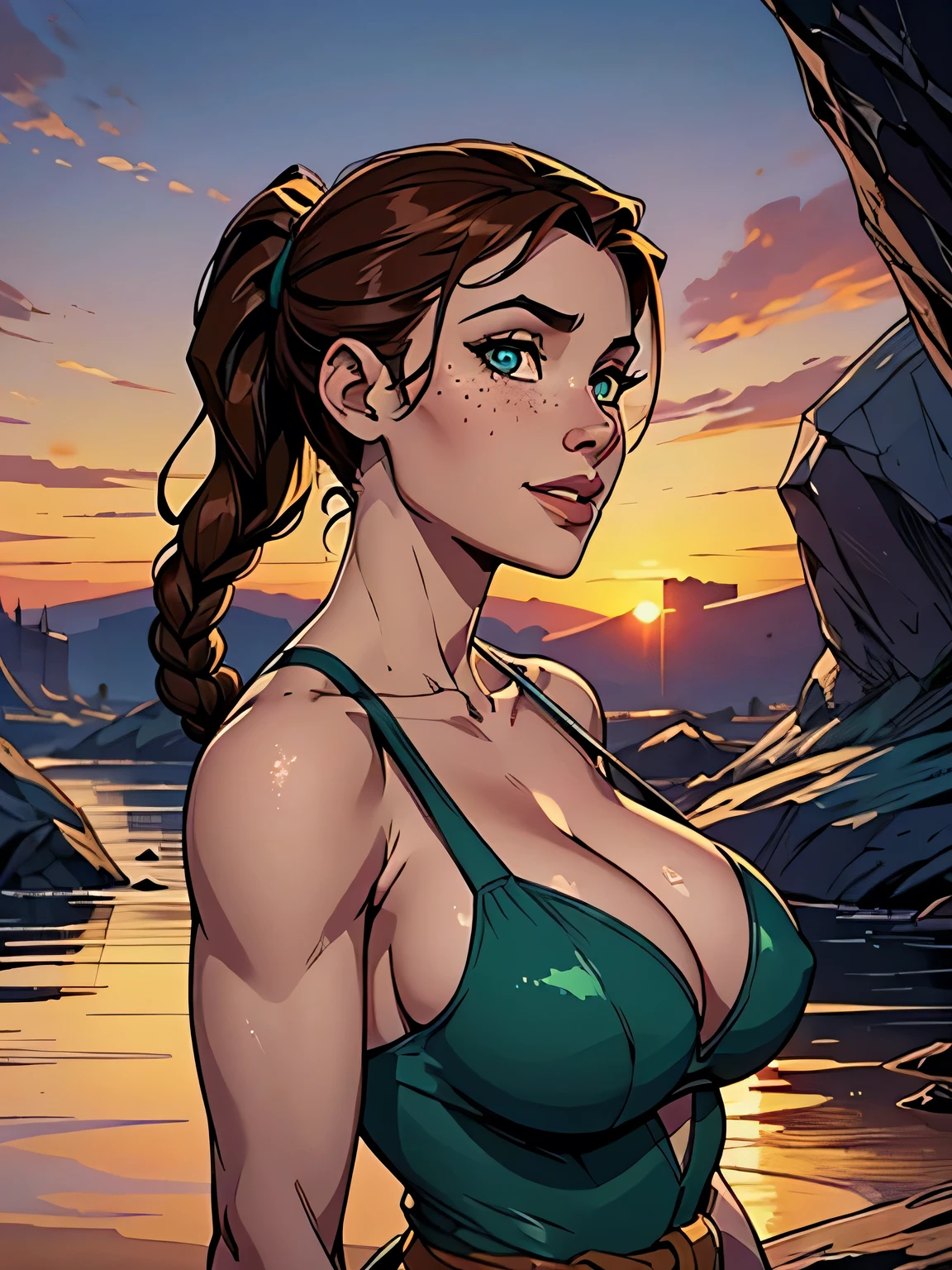Melhor qualidade, obra de arte, (realista: 1.2) Close up of a thin and athletic woman (Lara Croft), 25 anos, 16k (( high definition )), sorriso lindo, olhar sedutor ((looking at the spectator)), olhos marrons, wearing a fitted teal regatta (( decote em v, sem mangas )), cintura fina, She wears a brown belt, (( She holds an emerald with one of her hands )), pele morena, cabelo castanho (( with a braided ponytail )), She's alone in a cave (( upper body, From head to waist , side view 1 .4)), with freckles on her neck and breasts, (( large, round breasts 1.4)), (( Well defined collarbone)). estilo cartoon (( QG )), cave and sunset in the background.