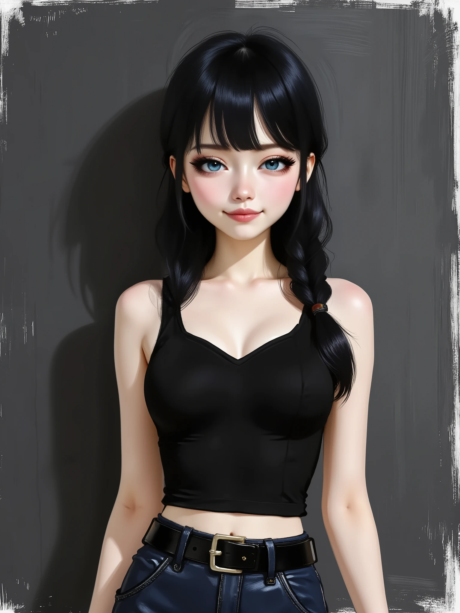 sketch painting, marinette Dopanchan, Anime , A very beautiful and cute 22 year old woman with a slight smile. (((Shy smile))), sharp focus on the face, (((Western eyes:1.5))), (((Extremely detailed ice-blue eyes, beautiful eyes, beautifully detailed eyes))), (((delicately detailed thin pink lips))), (((long hair, shiny hair))), (((black medieval steampunk style sleeveless t-shirt))), (((Dark Blue medieval steampunk style leather warrior pants))), (((full body view, dynamic pose, standing:1.5, graceful pose))), (((The background is Dark Gray and painted with expressive, visible textures using dynamic brushstrokes and strokes that add depth and movement. The paint covers only the area just behind the subject. The outer edges of the image with black margins, as if the background had been painted with a brush and with expressive and visible textures using dynamic brushstrokes and strokes fading toward the edges creating a modern and artistic vignette effect))). Cinematic lighting, soft depth of field, (((masterpiece/high resolution/Best Quality/top quality/high quality/UHD/16k quality))), sharp focus, no blur, film grain, bokeh.