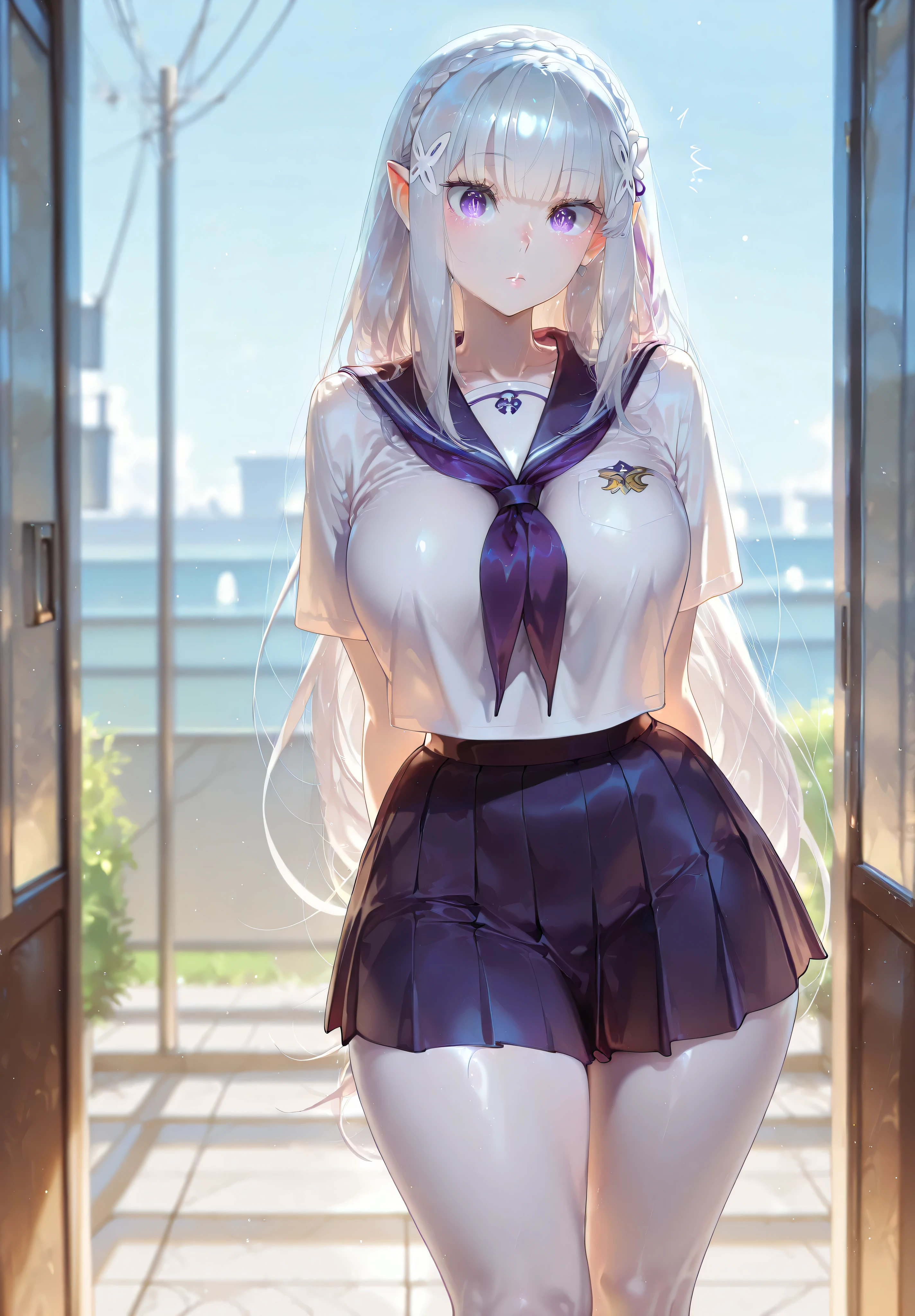 safe_pos, 1girl, Balecxi_Style, Emilia \(Re Zero)\, solo female, no background, day time, indoor, standing, standing straight, big breasts, silver hair, long hair, purple eyes, curvy, thick thighs, long legs, school uniform, mini skirt, bare legs, elf, elf ears, white skin, pointy ears, eyes showing through hair, cute expression, lips, surprised expresion, mouth closed, hands behind her back, detailed eyes, looking to the viewer, viewer in front, (masterpiece, best quality, absurdres, highres, very aesthetic, sensitive, high-quality eyes, focus on eyes, perfect eyes)
