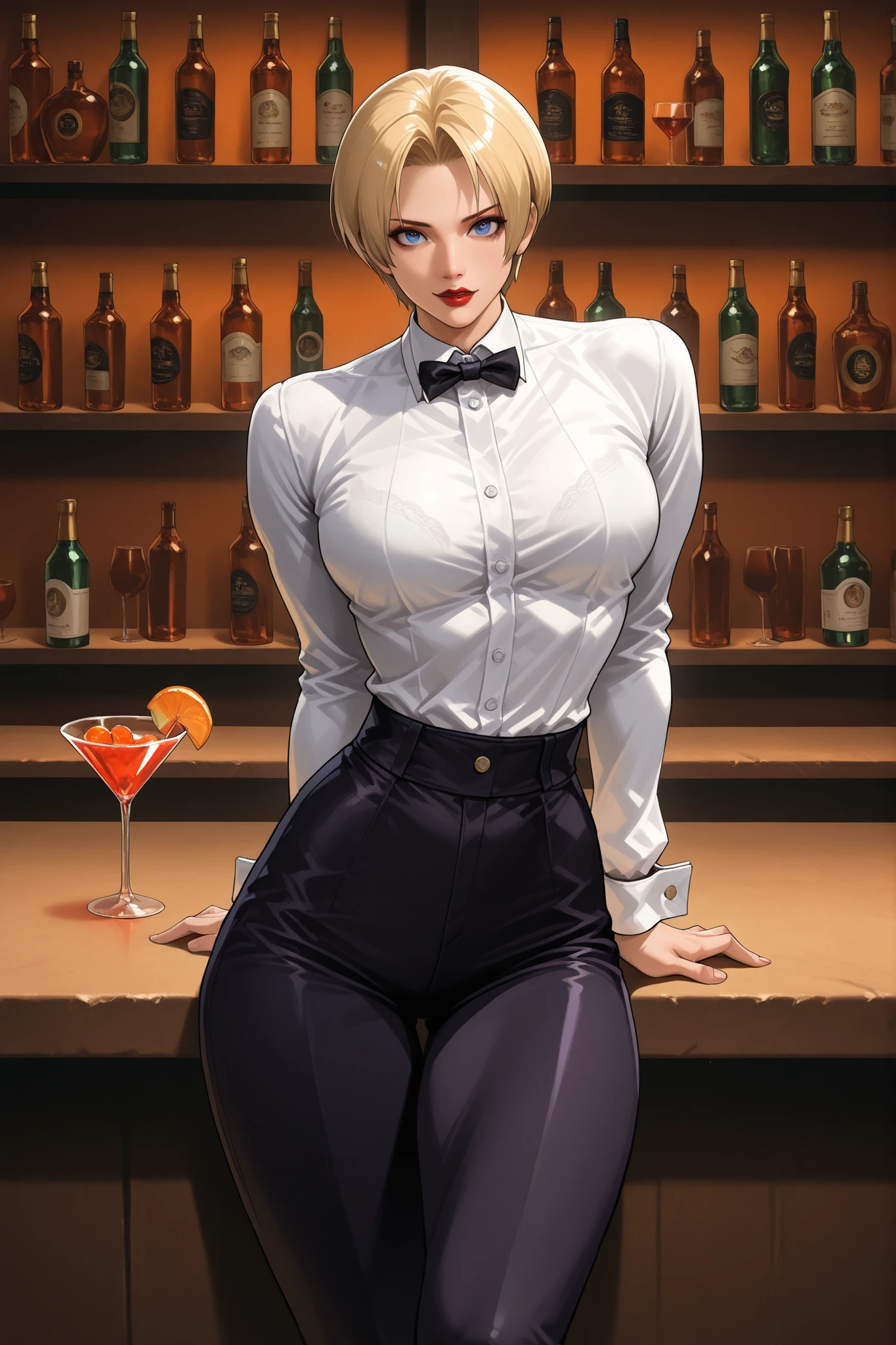 king(King of Fighters), alone, She's a bar owner who smiles at everyone she sees, seen from the front,
Top quality, Beautiful body line ,A muscular and attractive athletic body, Large up turned Bust,
Blue Brightness eyes, glossy red lips, Boyish short blonde hair, Blue eyes, Red lips,
White long sleeve shirt, Her black bra is showing through, Black pants, Black Bow tie, White cuffs,
looking at the viewer,
Background image: Underground brothel bar, bar counter, various types of alcoholic beverages bottles behind, cocktail glasses on the counter, dark colors,