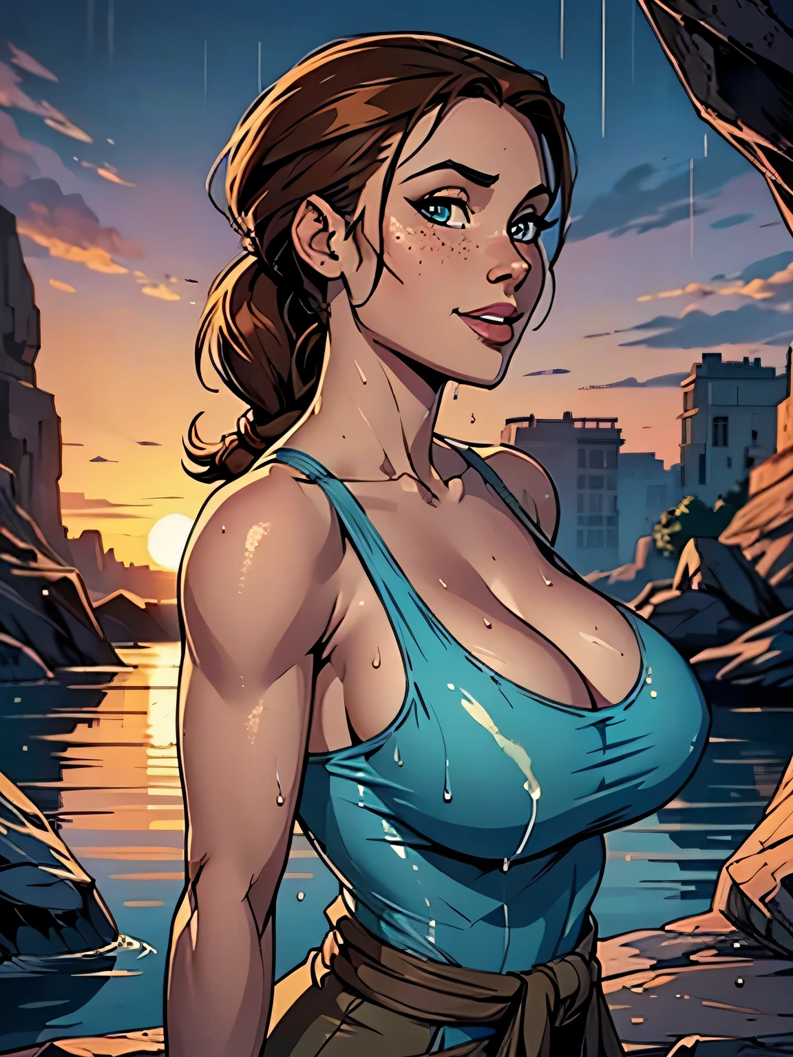 Melhor qualidade, obra de arte, (realista: 1.2) Close up of a thin and athletic woman (Lara Croft), 25 anos, 16k (( high definition )), sorriso lindo, olhar sedutor ((looking at the spectator)), olhos marrons, wearing a fitted teal regatta (( decote em v, sem mangas )), cintura fina, She wears a brown belt, arms on the sides of her body, pele morena, cabelo castanho (( with a braided ponytail )), She's alone in a cave (( upper body, From head to waist , side view 1 .4)), with freckles on her neck and breasts, (( big round breasts wet in the rain 1.4)), (( Well defined collarbone)). estilo cartoon (( QG )), cave and sunset in the background.