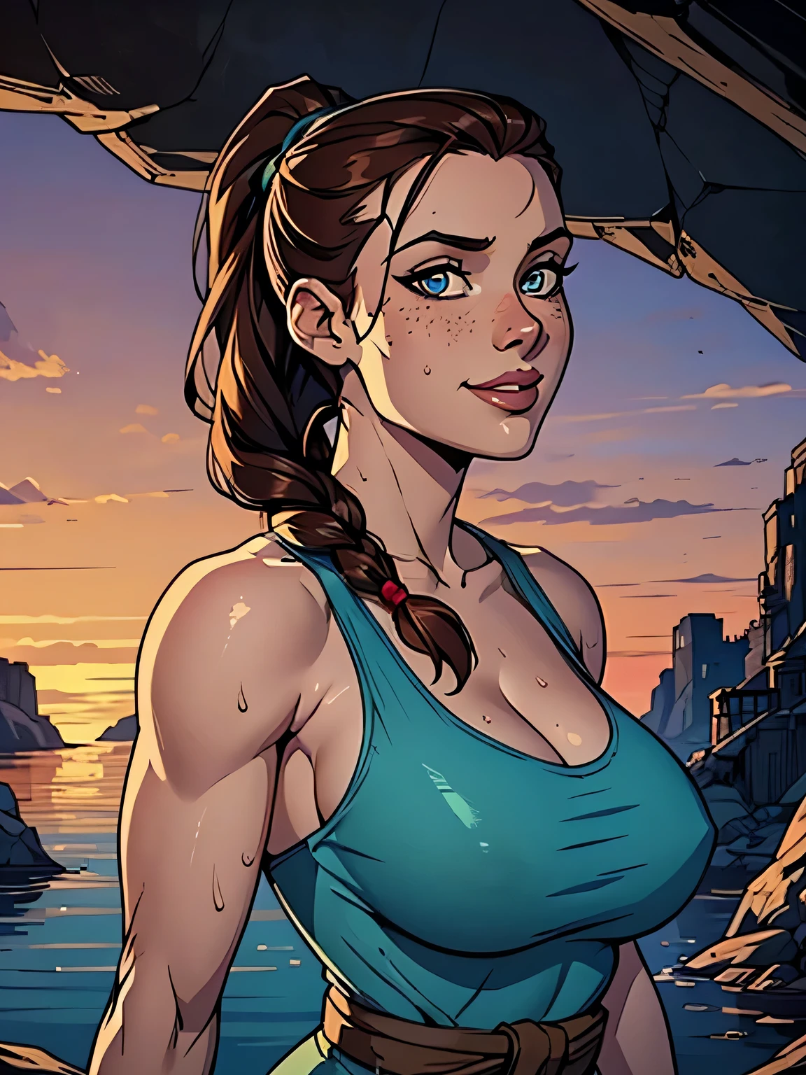 Melhor qualidade, obra de arte, (realista: 1.2) Close up of a thin and athletic woman (Lara Croft), 25 anos, 16k (( high definition )), sorriso lindo, olhar sedutor ((looking at the spectator)), olhos marrons, wearing a fitted teal regatta (( decote em v, sem mangas )), cintura fina, She wears a brown belt, arms on the sides of her body, pele morena, cabelo castanho (( with a braided ponytail )), She's alone in a cave (( upper body, From head to waist , side view 1 .4)), with freckles on her neck and breasts, (( big round sweaty breasts 1.4)), (( Well defined collarbone)). estilo cartoon (( QG )), cave and sunset in the background.