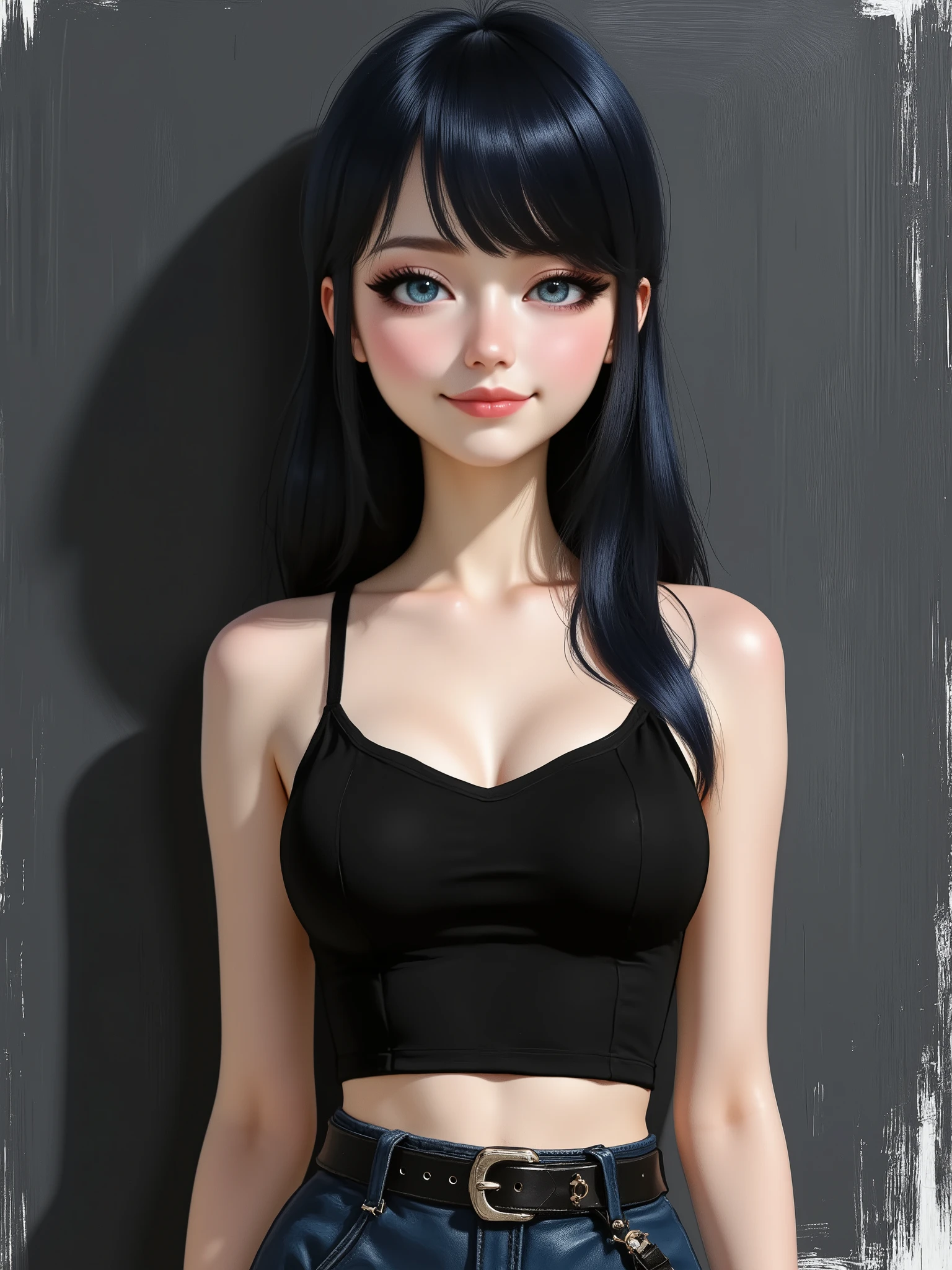 sketch painting, marinette Dopanchan, Anime , A very beautiful and cute 22 year old woman with a slight smile. (((Shy smile))), sharp focus on the face, (((Western eyes:1.5))), (((Extremely detailed ice-blue eyes, beautiful eyes, beautifully detailed eyes))), (((delicately detailed thin pink lips))), (((long hair, shiny hair))), (((black medieval steampunk style sleeveless t-shirt))), (((Dark Blue medieval steampunk style leather warrior pants))), (((full body view, dynamic pose, standing:1.5, graceful pose))), (((The background is Dark Gray and painted with expressive, visible textures using dynamic brushstrokes and strokes that add depth and movement. The paint covers only the area just behind the subject. The outer edges of the image with black margins, as if the background had been painted with a brush and with expressive and visible textures using dynamic brushstrokes and strokes fading toward the edges creating a modern and artistic vignette effect))). Cinematic lighting, soft depth of field, (((masterpiece/high resolution/Best Quality/top quality/high quality/UHD/16k quality))), sharp focus, no blur, film grain, bokeh.