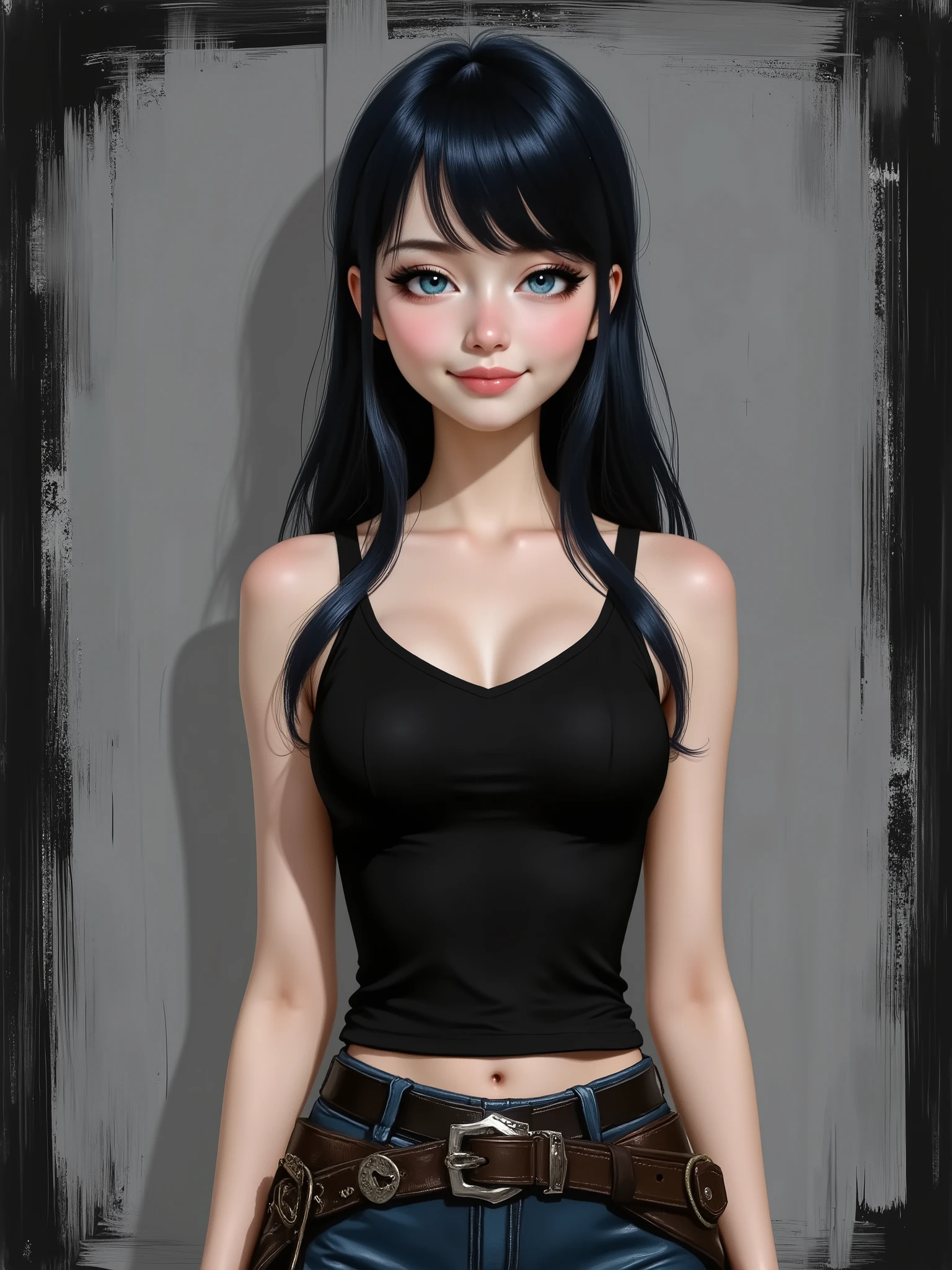 sketch painting, marinette Dopanchan, Anime , A very beautiful and cute 22 year old woman with a slight smile. (((Shy smile))), sharp focus on the face, (((Western eyes:1.5))), (((Extremely detailed ice-blue eyes, beautiful eyes, beautifully detailed eyes))), (((delicately detailed thin pink lips))), (((long hair, shiny hair))), (((black medieval steampunk style sleeveless t-shirt))), (((Dark Blue medieval steampunk style leather warrior pants))), (((full body view, dynamic pose, standing:1.5, graceful pose))), (((The background is Dark Gray and painted with expressive, visible textures using dynamic brushstrokes and strokes that add depth and movement. The paint covers only the area just behind the subject. The outer edges of the image with black margins, as if the background had been painted with a brush and with expressive and visible textures using dynamic brushstrokes and strokes fading toward the edges creating a modern and artistic vignette effect))). Cinematic lighting, soft depth of field, (((masterpiece/high resolution/Best Quality/top quality/high quality/UHD/16k quality))), sharp focus, no blur, film grain, bokeh.
