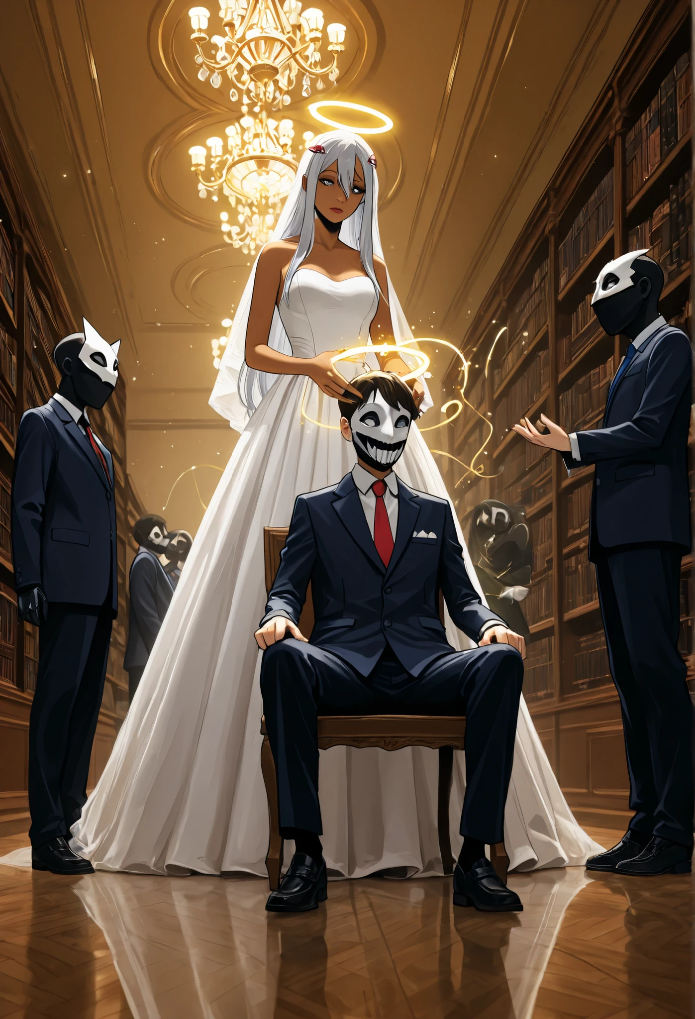 Certamente! This is a visually rich and fantastic image, that seems to represent a group of thick and soft silver female characters (and maybe a non-binary or masculine, depending on the interpretation of the central standing figure) with mythological or fantasy features, wearing formal school uniforms (blazer, saia plissada, meias 3/4 e sapatos sociais) superimposed on her fantastic shapes.
Here is a detailed description:
🖼️ General Description and Setting
The scene takes place in a luxurious and formal indoor environment, that resembles a hall or entrance of an old and opulent building, possibly an elite school.
* Lighting: The lighting is dramatic and ethereal. There is a strong golden glow and iridescent coming from the upper central part, creating a halo behind the tallest figure, and sparks or particles of light float throughout the scene, Giving a magic touch.
* Fundo: The background features columns, possibly bookshelves (suggesting a library or study room), and hanging chandeliers. The floor is reflective and the environment is warm and muffled by the golden lights and shades of brown of the furniture.
* Estilo: The image has a style that mixes the urban/escolar (pelos uniformes) com o fantastic/mythological, suggesting a concept of a "school for supernatural beings" ou similar.
🧍 Detail of the Characters
The group is comprised of seven distinct figures.
I. Personagem Central em position de Destaque (Sentada)
The figure seated in the front is dressed in a long flowing white wedding dress (in contrast to the uniforms), e representa uma Medusa ou gorgon:
* Mythological Identity: Medusa / gorgon.
* characteristics: Her head is covered by a tangle of bright green snakes in place of hair. She wears a mask or facial ornament of golden color.
* Clothing: Wear the large white dress.
* position: she's sitting , with the Head down and the most contemplative expression.
II. Standing Side Characters (from left to right)
The other six figures are standing around and behind the central figure, all wearing a gray school uniform/preto.
* Figure from the Far Left (Kitsune):
* Mythological Identity/Animal: Uma Kitsune (mythological Japanese fox).
* characteristics: It has a wide range of nine white tails/that extend to the left. It has dark fox ears and its skin is dark.
* Clothing: Gray uniform with tie.
* Second Left Figure (Nekomimi/Gata):
* Mythological Identity/Animal: Uma Nekomimi (garota-gato) or maybe a Kitsune with smaller tails.
* characteristics: It has dark cat ears on the top of its head.
* Clothing: Gray uniform with tie.
* Standing central figure (Oni/demon ou Fera Mítica):
* Mythological Identity/Animal: Probably an Oni (Japanese demon) or an angelic figure with horns.
* characteristics: It is the tallest figure, with the most prominent aura. It has a dark gold face mask. Over your head, bright blue crescent-shaped horns. Behind her, a pair of large white angelic wings extend, flanking the halo of golden light.
* Clothing: Uniforme completo, including a gray blazer and tie.
* Fourth Figure from the Left (Draconiana/Reptiliana):
* Mythological Identity/Animal: A Draconian creature (half-dragon) ou Reptiliana.
* characteristics: His skin is red /dark orange and scaly, and their face is covered by a mask or skin that resembles golden scales. She has bright red eyes and possibly horns or crests.
* Clothing: Dark gray uniform and a red tie. The contrast of colors highlights.
* Fifth Figure from the Left (Elemental do Gelo/icy cold):
* Mythological Identity/Animal: An Ice Elemental/Water or a being from another plane.
* characteristics: Her skin is shimmering light blue, almost translucent . Partes de seu corpo (arm, tronco) appear to be made of ice crystals or bright blue energy that emanates light.
* Clothing: Uniforme cinza.
* Figure of the Extreme Right (demon/together/gargoyle):
* Mythological Identity/Animal: A demonic being (together) ou talvez uma gargoyle.
* characteristics: It has large dark, membranous wings, similar to those of a bat or demon, that extends to the right. It also has pointed ears, possibly a cat or a bat.
* Clothing: Uniforme cinza.
🎨 Summary and Symbolism
The set of characters represents a collection of fantasy archetypes and mythology from different cultures (grega, japonesa, ocidental), all gathered under a cohesive theme of "uniforme escolar". The image is highly stylized, with a strong focus on contrasts (luz/sombra, formal/fantastic, branco/cinza) and detailed texture, especially on the tails, asas e cobras.
Em resumo, a imagem representa: Uma Medusa sentada, depicted by six standing figures, that include a Kitsune (nove caudas), uma Nekomimi (garota-gato), An angelic figure/Oni (asas e chifres), uma Draconiana (scales and red skin), an Ice Elemental (cristais azuis) and a Demonic figure/Morcego (asas de couro).
I would like me to make a description focused on a specific character or to search for art images that follow a similar theme (mythology and school uniform)?