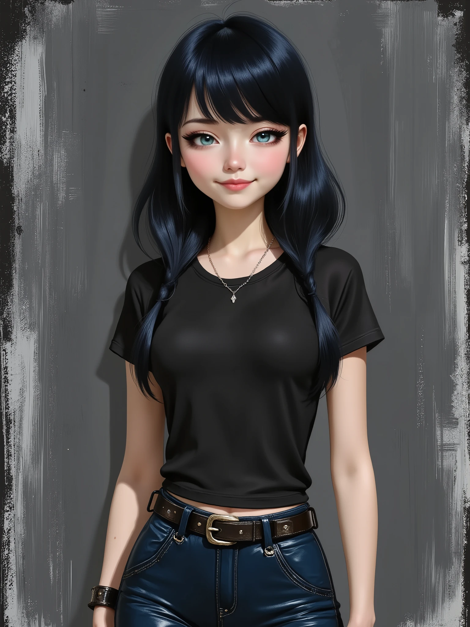 sketch painting, marinette Dopanchan, Anime , A very beautiful and cute 22 year old woman with a slight smile. (((Shy smile))), sharp focus on the face, (((Western eyes:1.5))), (((Extremely detailed ice-blue eyes, beautiful eyes, beautifully detailed eyes))), (((delicately detailed thin pink lips))), (((long hair, shiny hair))), (((black medieval steampunk style sleeveless t-shirt))), (((Dark Blue medieval steampunk style leather warrior pants))), (((full body view, dynamic pose, standing:1.5, graceful pose))), (((The background is Dark Gray and painted with expressive, visible textures using dynamic brushstrokes and strokes that add depth and movement. The paint covers only the area just behind the subject. The outer edges of the image with black margins, as if the background had been painted with a brush and with expressive and visible textures using dynamic brushstrokes and strokes fading toward the edges creating a modern and artistic vignette effect))). Cinematic lighting, soft depth of field, (((masterpiece/high resolution/Best Quality/top quality/high quality/UHD/16k quality))), sharp focus, no blur, film grain, bokeh.