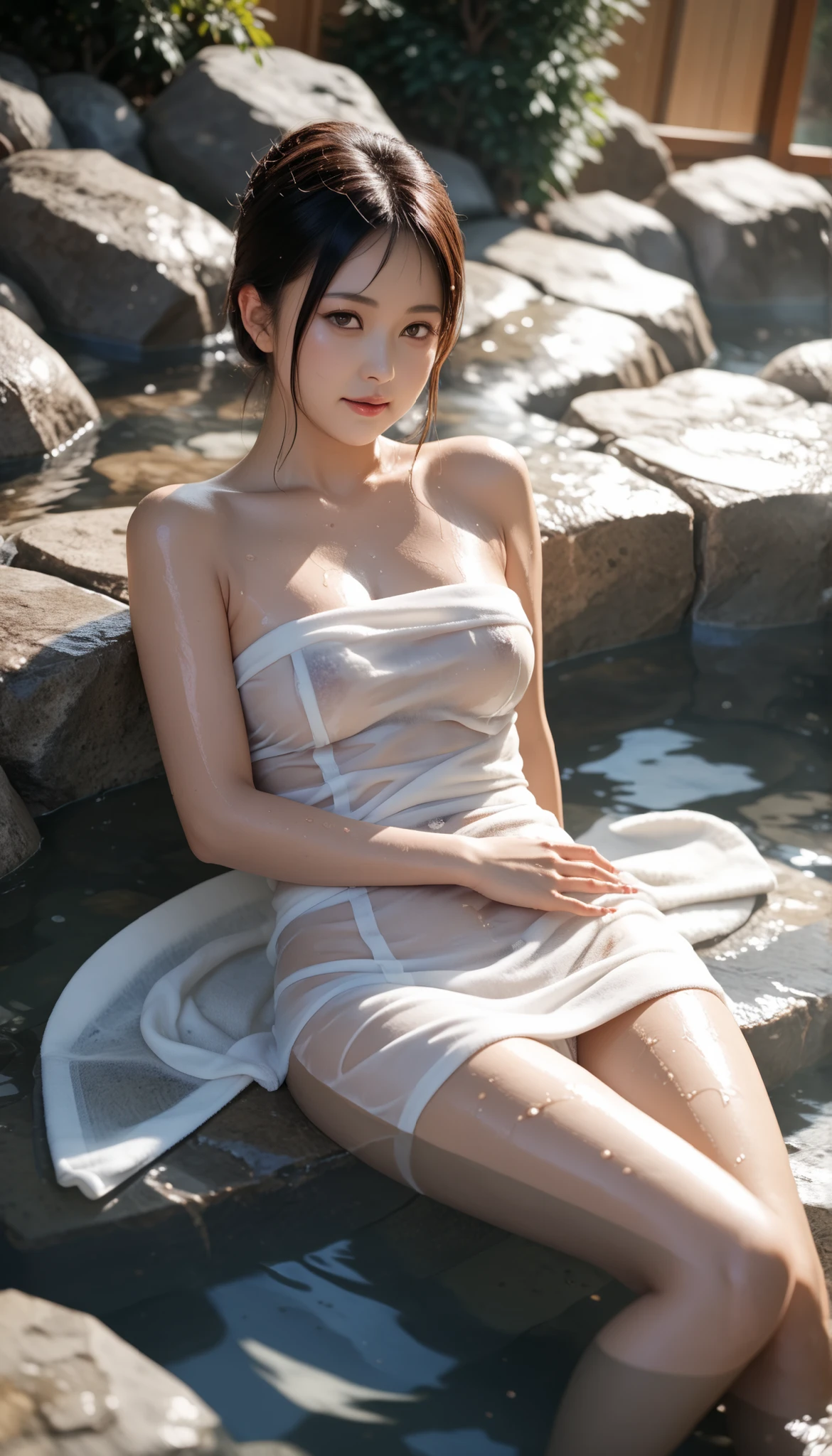 Japanese woman wrapped in a natural hot spring and a white see-through towel、Japanese woman wrapped in a white see-through towel lying in a hot spring、The white see-through towel gets wet and you can see through your skin