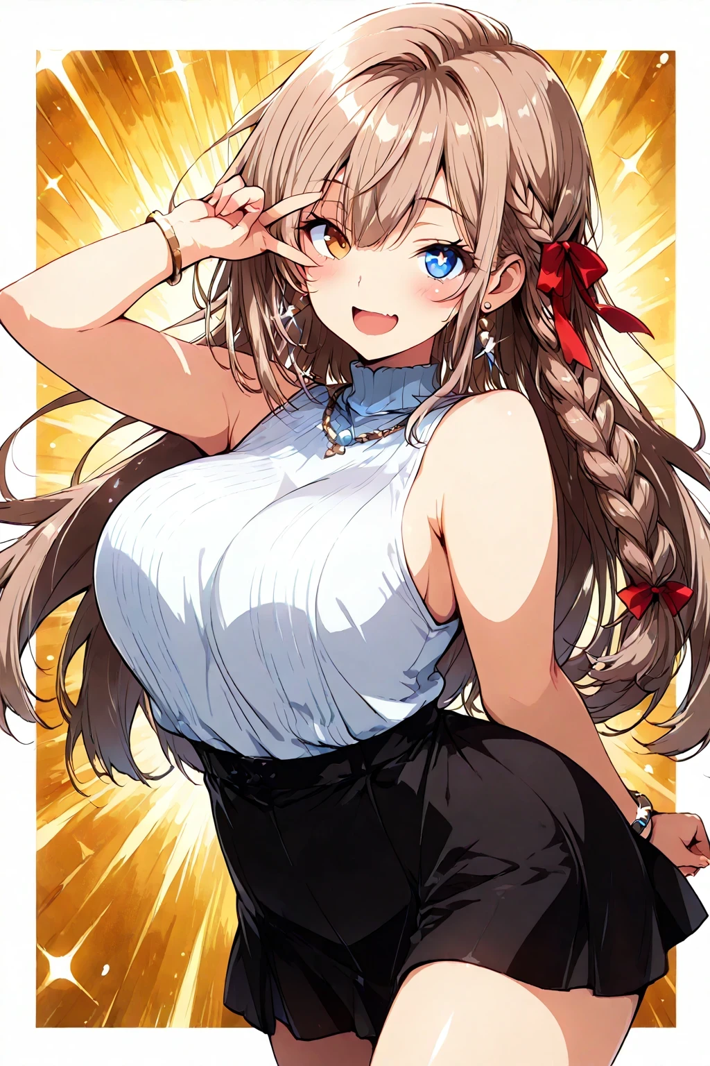 large breasted older sister, anime, (masterpiece, detailed:1.2), best quality, ultra-detailed, finely detail, high resolution, beautiful detailed eyes, from side, (one mature female:1.2), (double v over eye), standing, dynamic lighting, smug, open mouth, blush, looking at viewer, (heterochromia), joyful sparkling eyes, Slanted Eyes, long eyelashes, narrow eyes, light brown hair, long side braid, (fluffy bangs), (curly hair), floating hair, (ideal ratio body proportions:1.2), , (narrow waist:0.9), hair ribbon, sleeveless turtleneck, earrings, bracelet, miniskirt, sparkle background, (traditional media background:1.3), (pop design Background:1.3), (movie poster style),