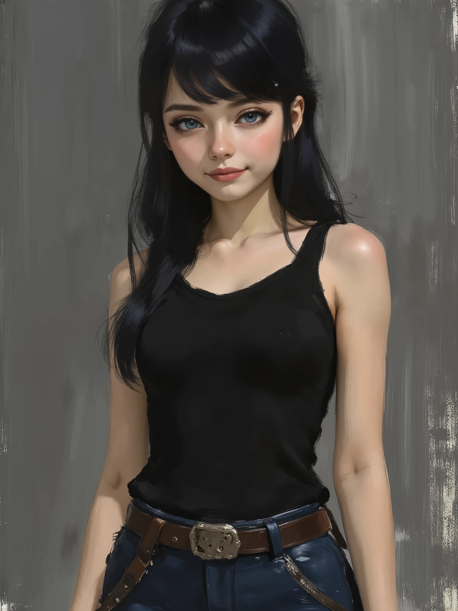 sketch painting, marinette Dopanchan, Anime , A very beautiful and cute 22 year old woman with a slight smile. (((Shy smile))), sharp focus on the face, (((Western eyes:1.5))), (((Extremely detailed ice-blue eyes, beautiful eyes, beautifully detailed eyes))), (((delicately detailed thin pink lips))), (((long hair, shiny hair))), (((black medieval steampunk style sleeveless t-shirt))), (((Dark Blue medieval steampunk style leather warrior pants))), (((full body view, dynamic pose, standing:1.5, graceful pose))), (((The background is Dark Gray and painted with expressive, visible textures using dynamic brushstrokes and strokes that add depth and movement. The paint covers only the area just behind the subject. The outer edges of the image with black margins, as if the background had been painted with a brush and with expressive and visible textures using dynamic brushstrokes and strokes fading toward the edges creating a modern and artistic vignette effect))). Cinematic lighting, soft depth of field, (((masterpiece/high resolution/Best Quality/top quality/high quality/UHD/16k quality))), sharp focus, no blur, film grain, bokeh.