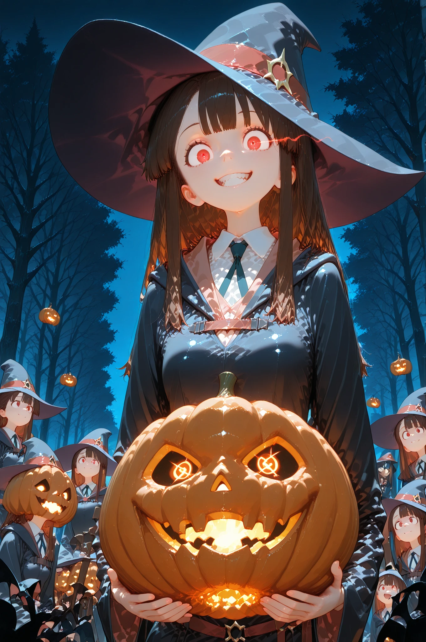 Akko,Atsuko Kagari,witch,gew,glowing eyes,,eye trail,,Akko,Atsuko Kagari,witch,masterpiece, Highest Quality, silly, so beautiful, Newest, high definition, very detailed, 1girl, cell atsuko, Witch Hat, Indoor, ,, outdoors, night, trees,cell atsuko、hogwarts school uniform、My mouth closes、smile Yang、Jack O Lanterns、halloween party、Little Witch Academia、crouches、