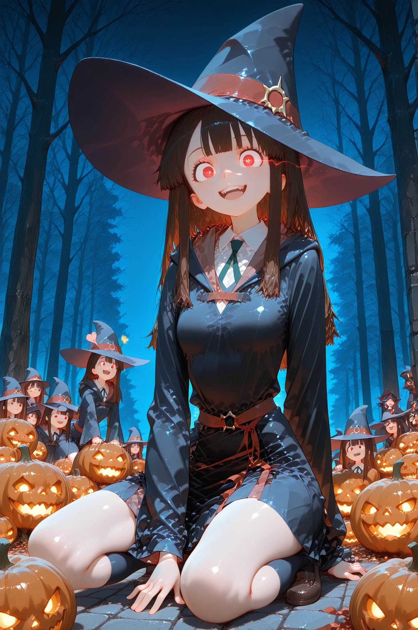 Akko,Atsuko Kagari,witch,gew,glowing eyes,,eye trail,,Akko,Atsuko Kagari,witch,masterpiece, Highest Quality, silly, so beautiful, Newest, high definition, very detailed, 1girl, cell atsuko, Witch Hat, Indoor, ,, outdoors, night, trees,cell atsuko、hogwarts school uniform、My mouth closes、smile Yang、Jack O Lanterns、halloween party、Little Witch Academia、crouches、