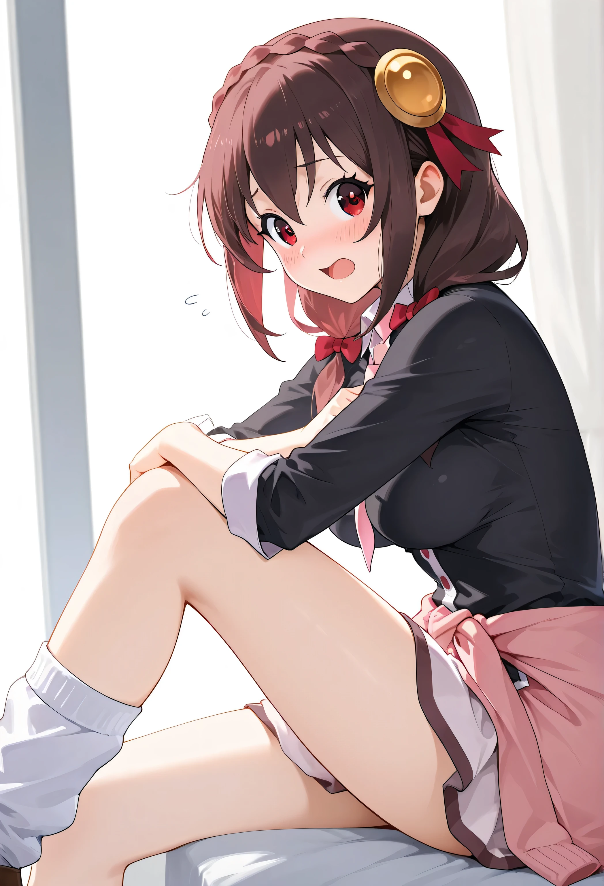 Yunyun konosuba,Crimson Eyes,is embarrassing、blush、happy、Open His Mouth、 noon、school、Highest Quality,(wrap pink cardigan around waist),(rolled up white blouse),(loose socks)、Look to the side、side view,no tie
