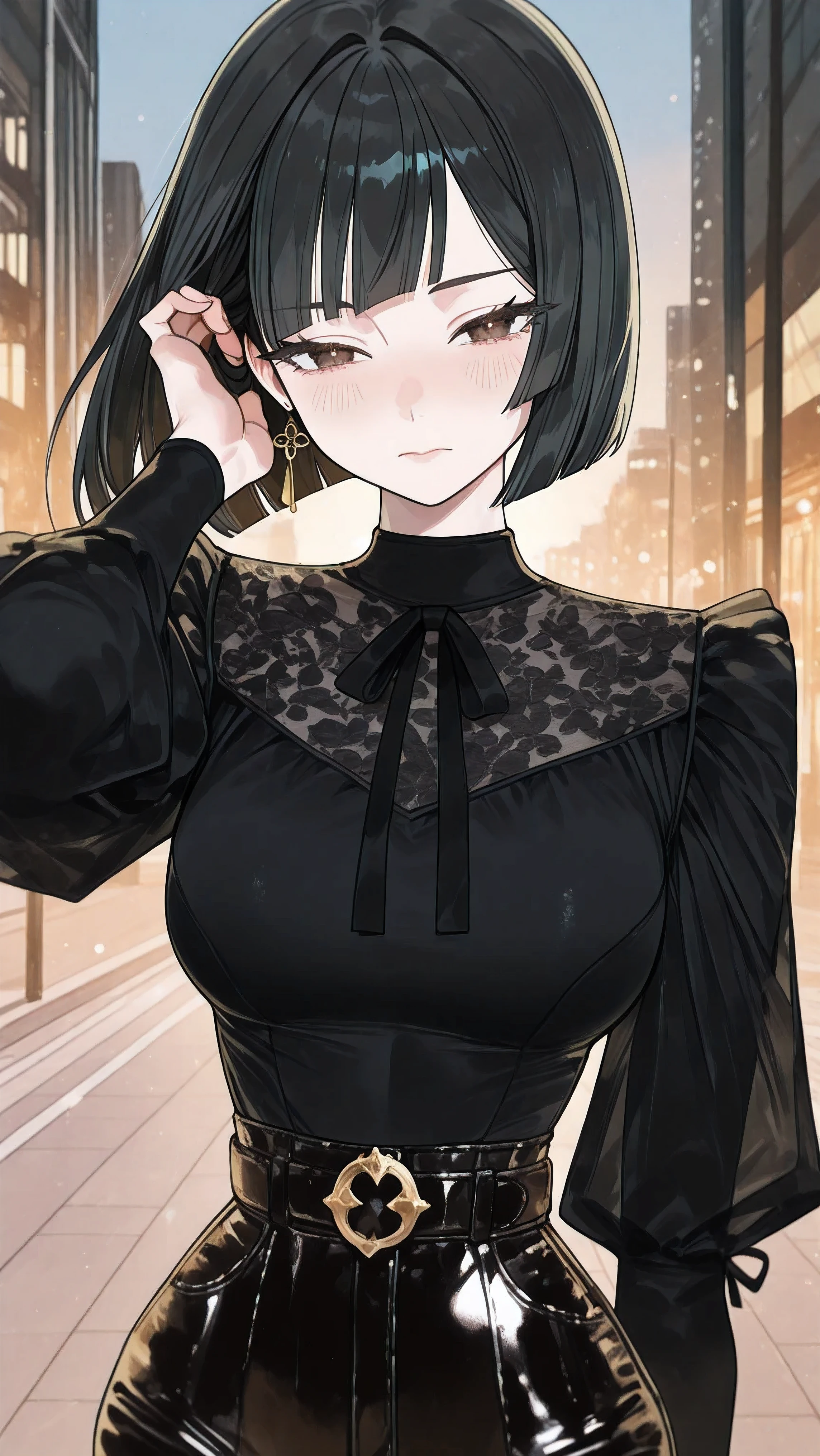 <lora:za-v4-ixl-style-soralz:1>, za style,Kenorland,high detail, r17329_illu, , , , usnr,z3zz4,,((1girl), (solo), , tall female, long legs, slender, aesthetic, beautiful, pin-up, (black hair, (blunt bob hair—ends are cut straight across just above the shoulders, with no layering), (straight-cut fringe bangs—falls just below the eyebrows, evenly trimmed)), loose hair strands, porcelain skin, beautiful, ((dark brown eyes), detailed eyes, bright pupils, clear eyes), medium , closed mouth, blush, narrowed eyes, thick eyelashes, long eyelashes, black eyelashes, black eyebrows, (dressed in a black high-collar black blouse with ruffled detailing and a black ribbon at the collar), tucked in shirt, (black leather belt), (glossy black leather pants, high-waisted and skin-tight), (single gold cross earring dangling from her right ear), no hair ornament, (modern city sidewalk at dusk, dimly lit sidewalk), upper body, close-up, looking at the front, looking at the viewer, tucking hair, no body ornaments, no neck jewelry, standing,