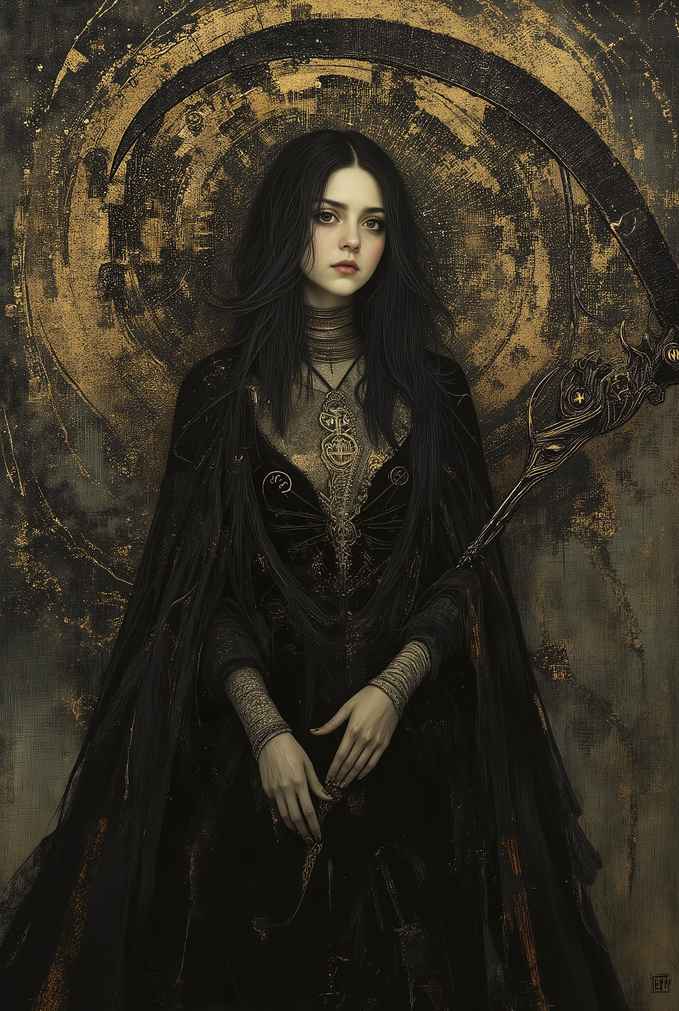 a dark-haired woman in a black dress, the most beautiful female death in the world, holding a scythe with the letters "EM" engraved on it, dark fantasy, gothic, dramatic lighting, cinematic, detailed portrait, chiaroscuro, dramatic pose, intricate clothing folds, muted colors, moody atmosphere, highly detailed, photorealistic, 8k, masterpiece, neon colored, (oil painting,digital painting,masterpiece:1.2),photorealistic,8k,detailed,vivid,dynamic composition (dark and gloomy abstract painting),(dark colors,moody,ominous,mysterious,enigmatic:1.2),(abstract,surreal,avant-garde,conceptual art:1.1),organic shapes,textured brush strokes,dark tones,high contrast,emotive,evocative,atmospheric,cinematic