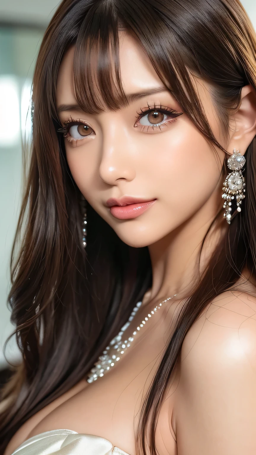 (Cowboy Shot、Best Quality、8k、Award-winning works、Ultra-high resolution)、Beautiful woman、(A sexy dress showing off her perfect, sexy cleavage:1.1)、Perfect big breasts、(blonde:1.1)、Bright color contacts、Perfect Makeup、Bright and shiny lipstick、(Very heavy gyaru makeup:1.2)、(Dark brown beige around the eyes:1.1)、Beautiful bright eyeshadow、Heavy makeup around the eyes、(Huge breasts:1.2)、Very long wavy black hair、(Romantic affection:1.1)、The best smile when he sees me、(Most people emphasize their body lines..:1.1)、(Strongly blurred and vivid luxury hotel night pool background:1.1)、(Strongly blurred background:1.1)、Accurate anatomy、Ultra HD Hair、(Ultra-high resolutionの完璧な美しい歯:1.1)、Beautiful faces in ultra-high definition、Ultra HD Hair、See-through bangs、Ultra HD Shining Eyes、輝くUltra-high resolutionの美肌、Ultra-high resolutionの艶やかな唇、Harry Winston Necklace