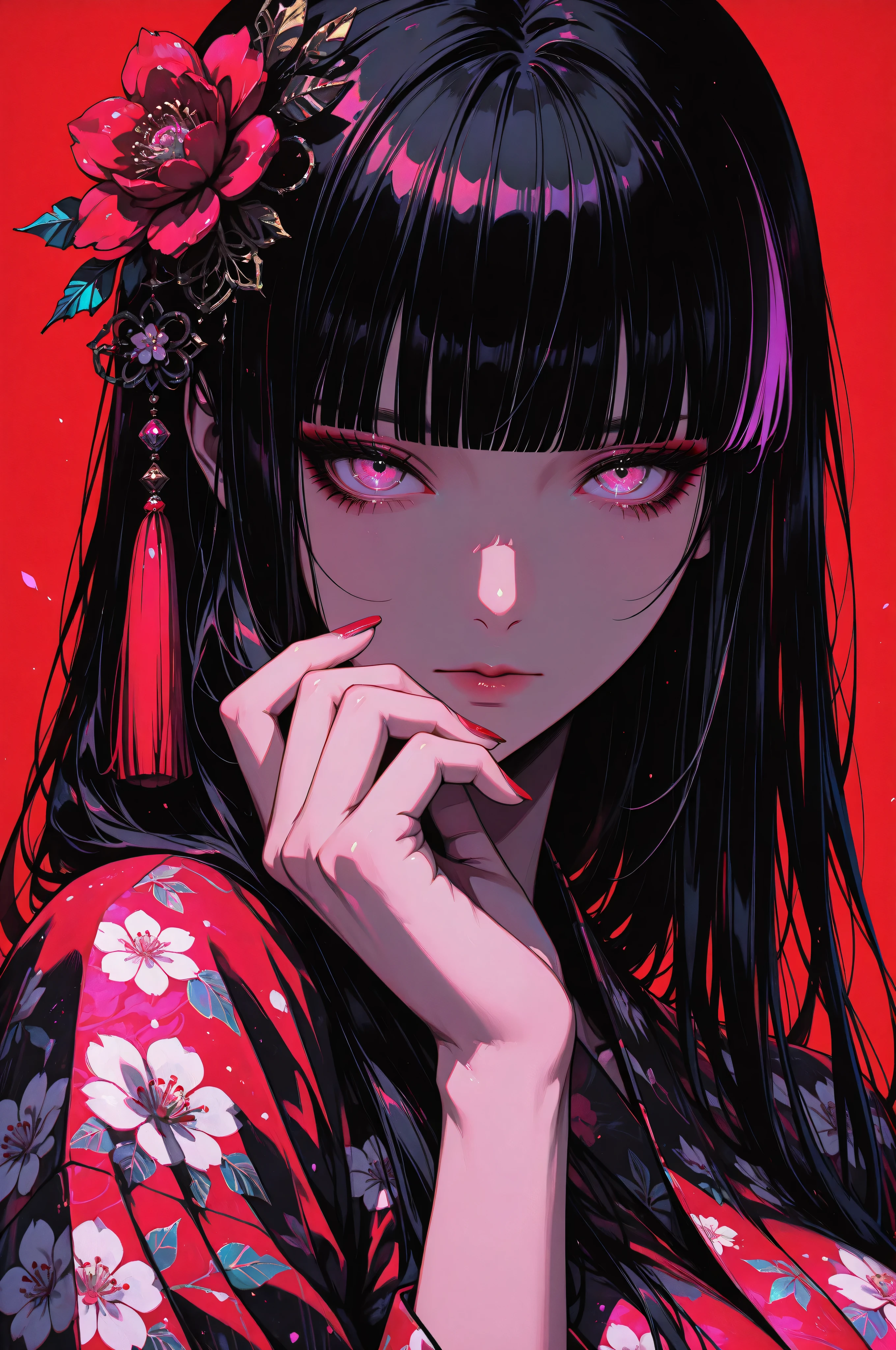 woman, solo, ethereal, crystal red nails, looking at viewer, bangs, pink eyes, long hair, black hair, hair ornament, hand up, flower, blunt bangs, closed mouth, tassel, ribbon, portrait, colorful, floral yukata, multicolored hair, upper body, huge breasts, facing forward, simple background, red_background,