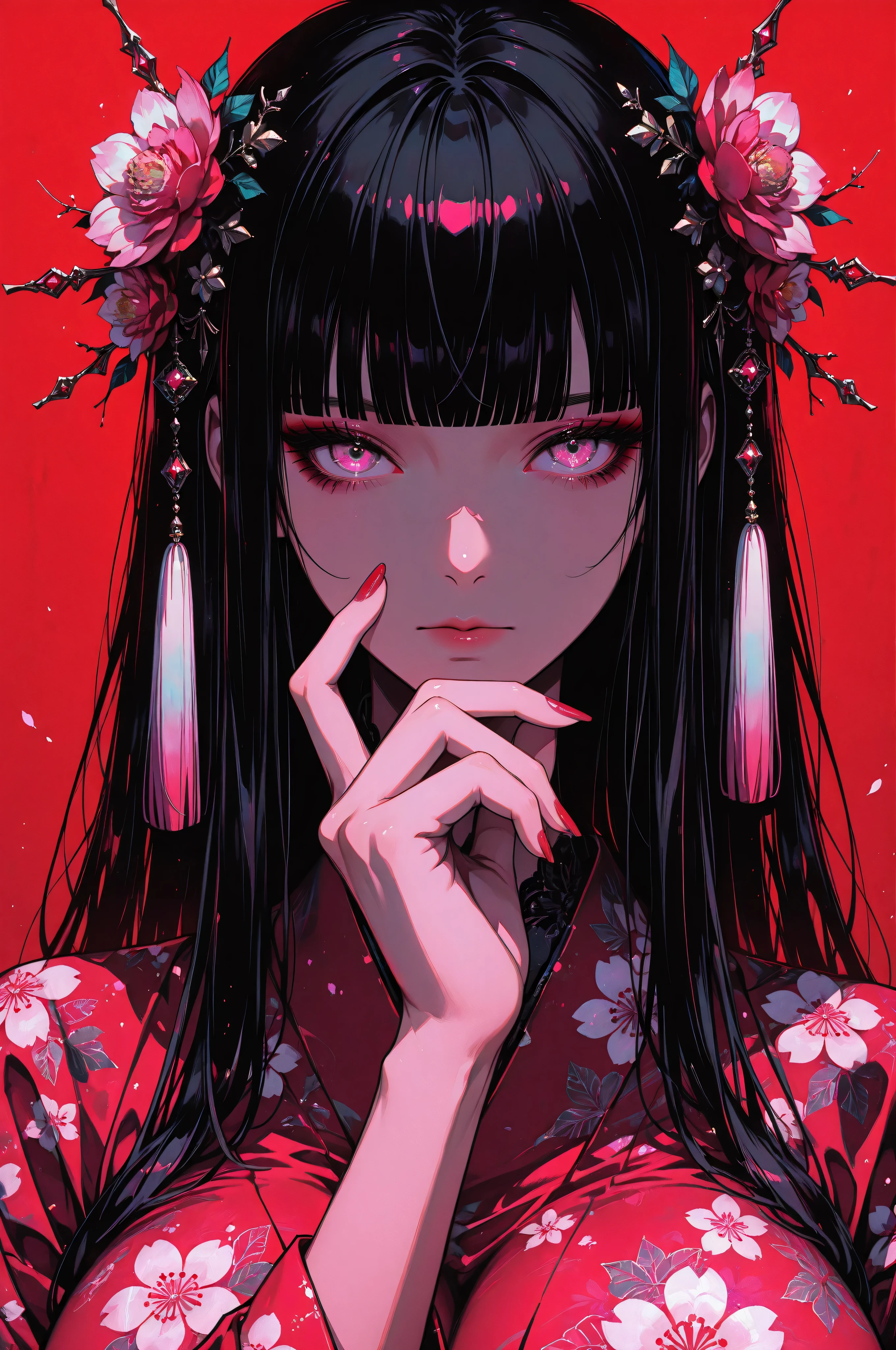 woman, solo, ethereal, crystal red nails, looking at viewer, bangs, pink eyes, long hair, black hair, hair ornament, hand up, flower, blunt bangs, closed mouth, tassel, ribbon, portrait, colorful, floral yukata, multicolored hair, upper body, huge breasts, facing forward, simple background, red_background,