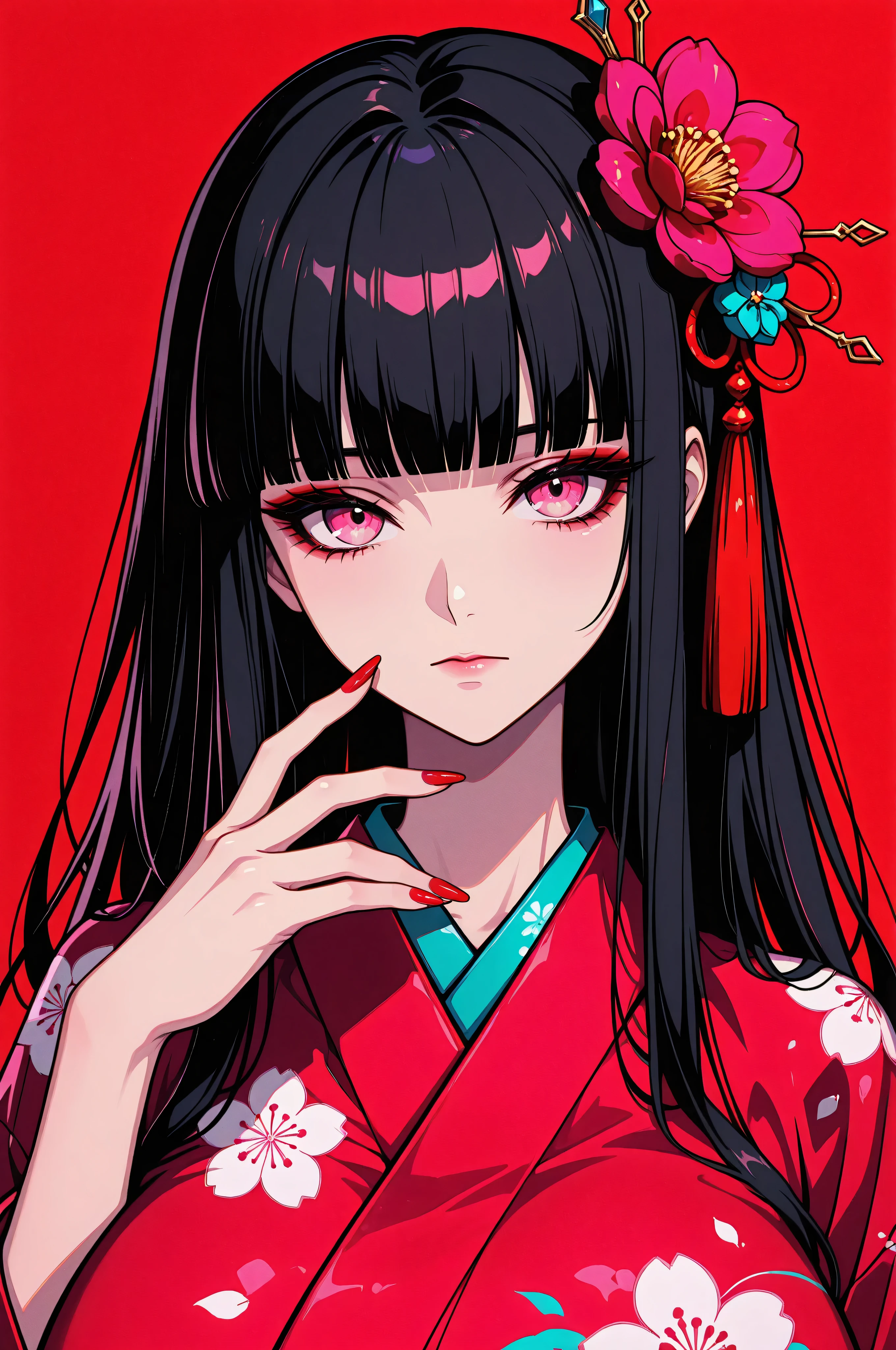 woman, solo, ethereal, crystal red nails, looking at viewer, bangs, pink eyes, long hair, black hair, hair ornament, hand up, flower, blunt bangs, closed mouth, tassel, ribbon, portrait, colorful, floral yukata, multicolored hair, upper body, huge breasts, facing forward, simple background, red_background,
