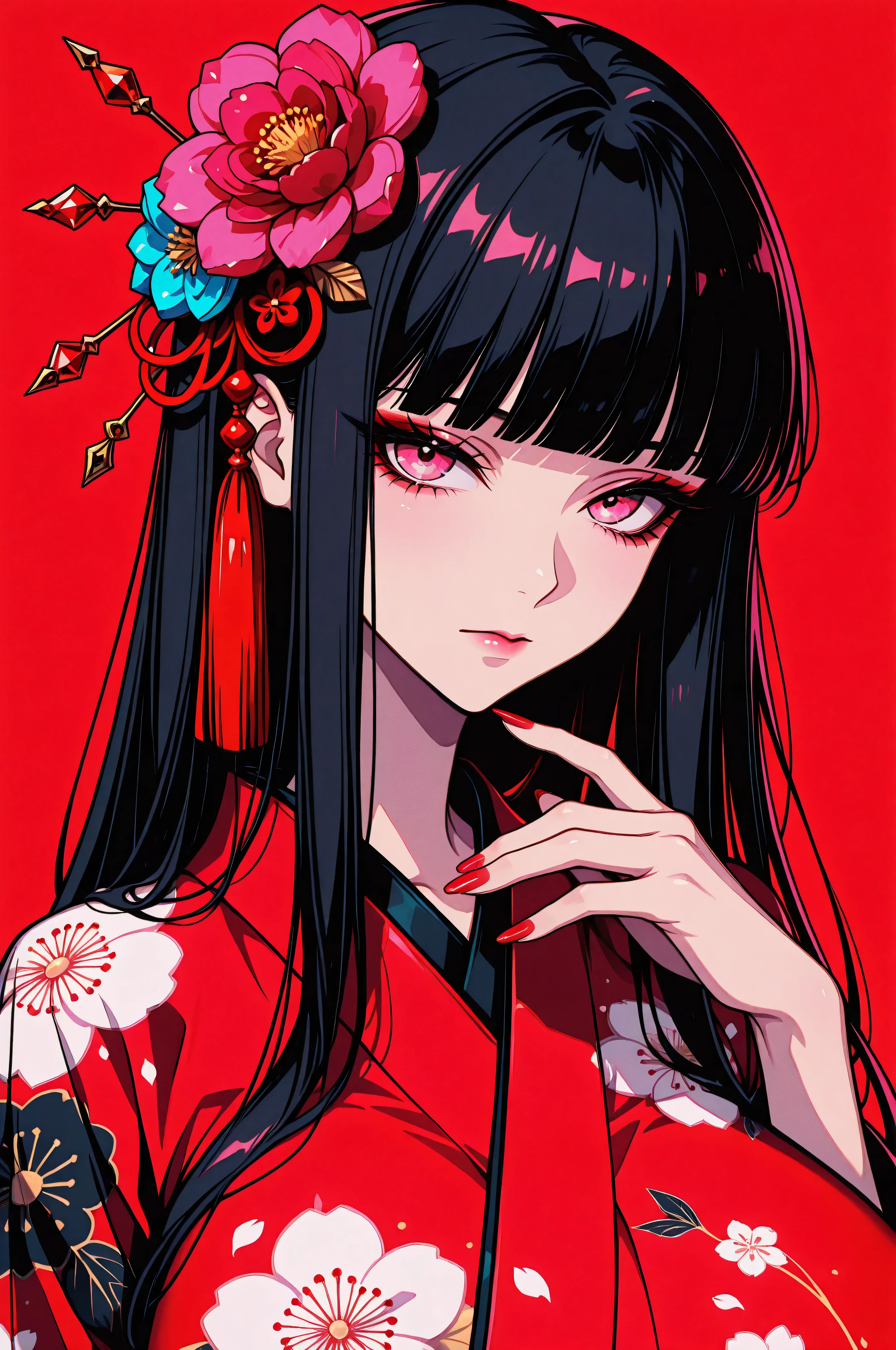 woman, solo, ethereal, crystal red nails, looking at viewer, bangs, pink eyes, long hair, black hair, hair ornament, hand up, flower, blunt bangs, closed mouth, tassel, ribbon, portrait, colorful, floral yukata, multicolored hair, upper body, huge breasts, facing forward, simple background, red_background,