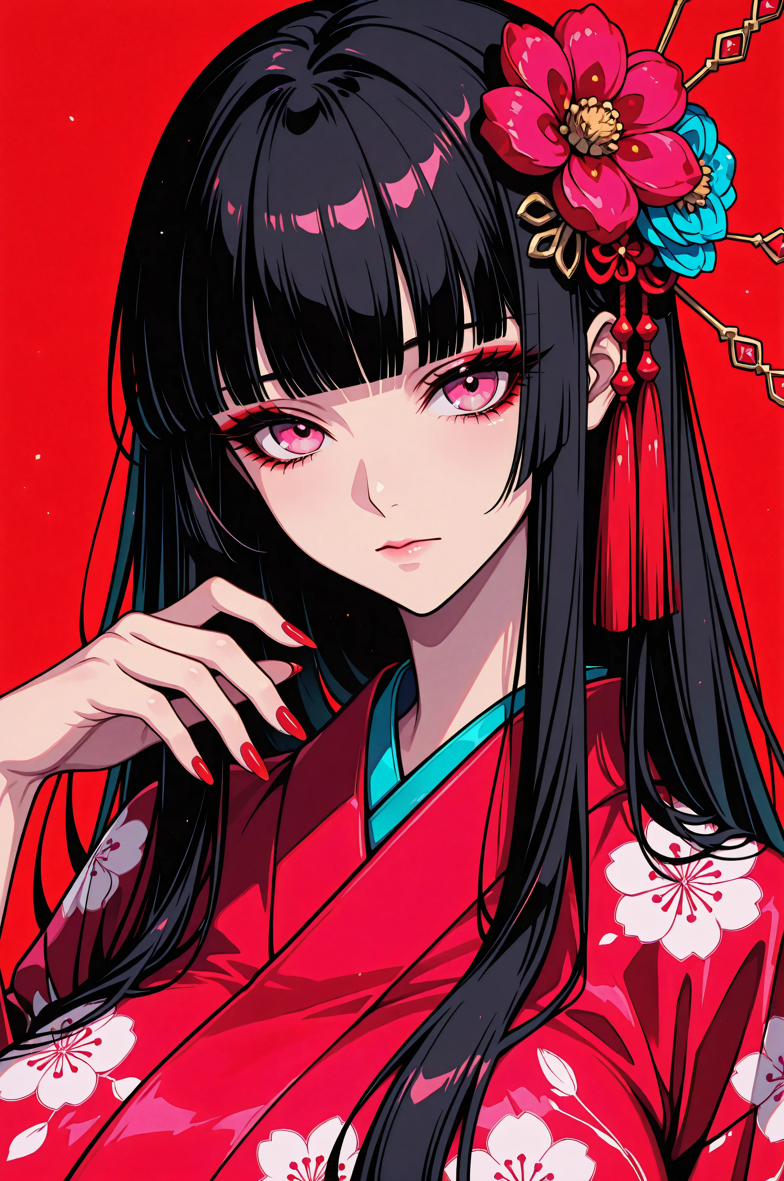 woman, solo, ethereal, crystal red nails, looking at viewer, bangs, pink eyes, long hair, black hair, hair ornament, hand up, flower, blunt bangs, closed mouth, tassel, ribbon, portrait, colorful, floral yukata, multicolored hair, upper body, huge breasts, facing forward, simple background, red_background,