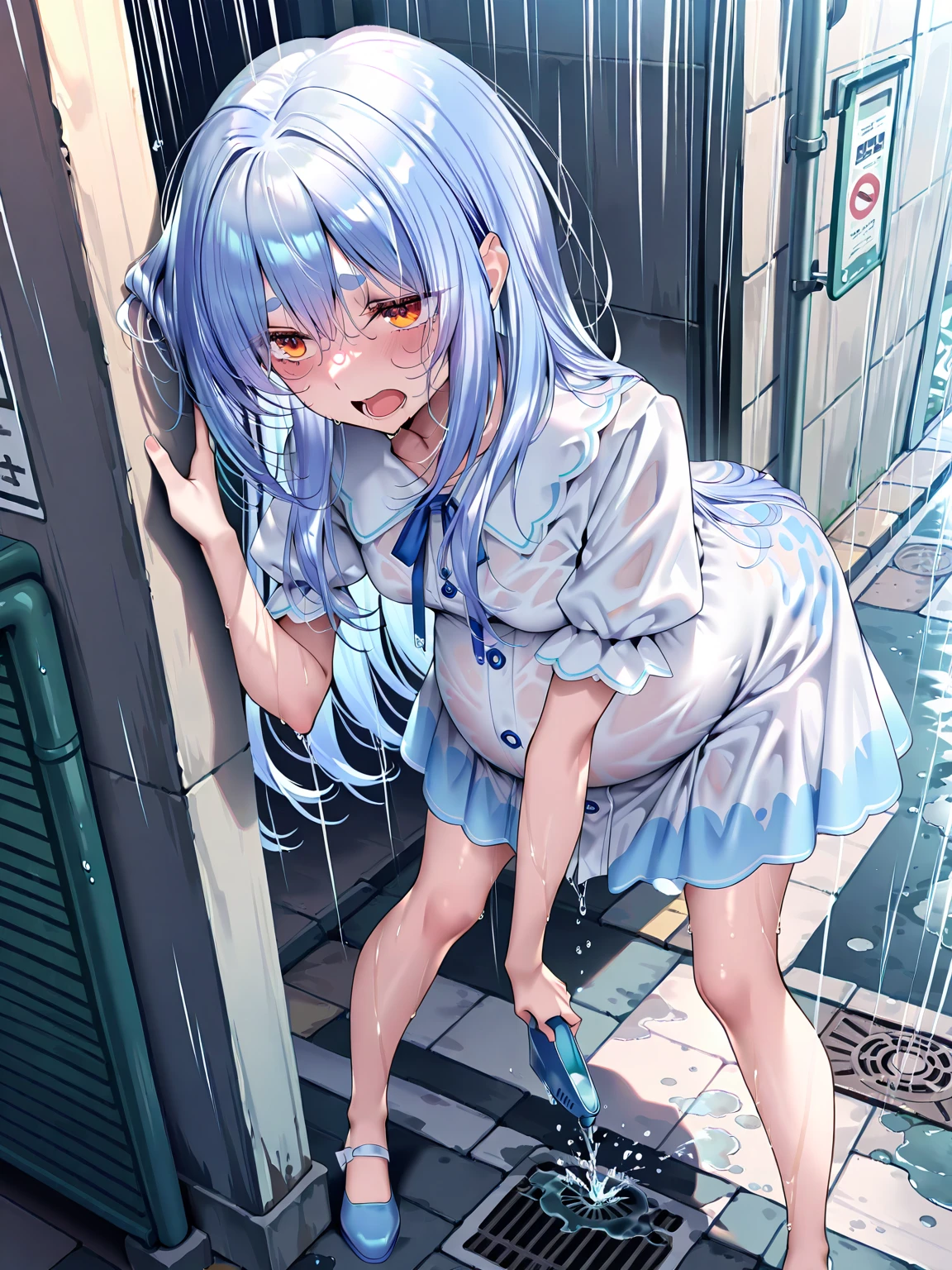 masterpiece, best quality, high resolution, source_anime, highly detailed illustration, detailed eyes, (ciloranko:0.7),(noco \(adamas\):0.5),(sydus:0.5),
very aesthetic, absurdres, newest, amazing quality,
1girl, solo,
genshin impact, kamisato ayaka, reaching towards viewer, angry, outstretched arm, 
<lora:shiRemotePovV1ill:1>,
shivibpof, remote control vibrator, pov, vibrator, pov hands, controller, remote control, vibrator under clothes, vibrator cord, sex toy, trembling, ^^^, 
1boy, holding, standing, hetero, solo focus, 
blush, open mouth, raised eyebrows, half-closed eyes, sweat, teeth, tongue, saliva, breath, from side, pussy juice puddle, knees together feet apart, tiptoes, wet, rain, people, group, outdoors, 
shoulder bag, handbag, stairs, blurry, blurry background, outdoors,