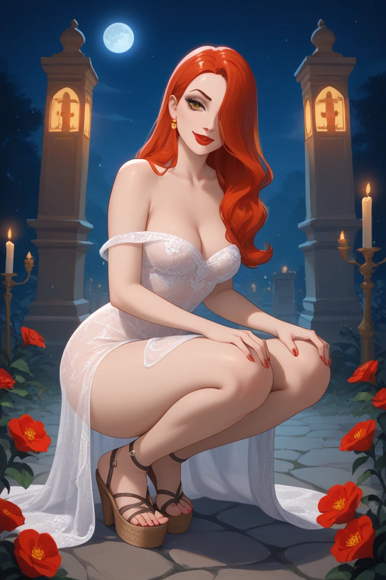 masterpiece, highest quality, solo focus, (perfect face: 1.1), (high detail: 1.1), dramatic and dynamic pose, 1 girl, ???????, blond hair, blue eyes, solo, cleavage, long hair, curves, ???????????, see -through, dress, thighs, navel covered, white dress, ???? shoulders, wide ????, thick thighs, lips, cutlery, bathrobe, pelvic curtain, castle, night,  moon, detailed background, art by artgerm and greg rutkowski, cinematic lighting, vampire, catlevania, red hair, medium shot,