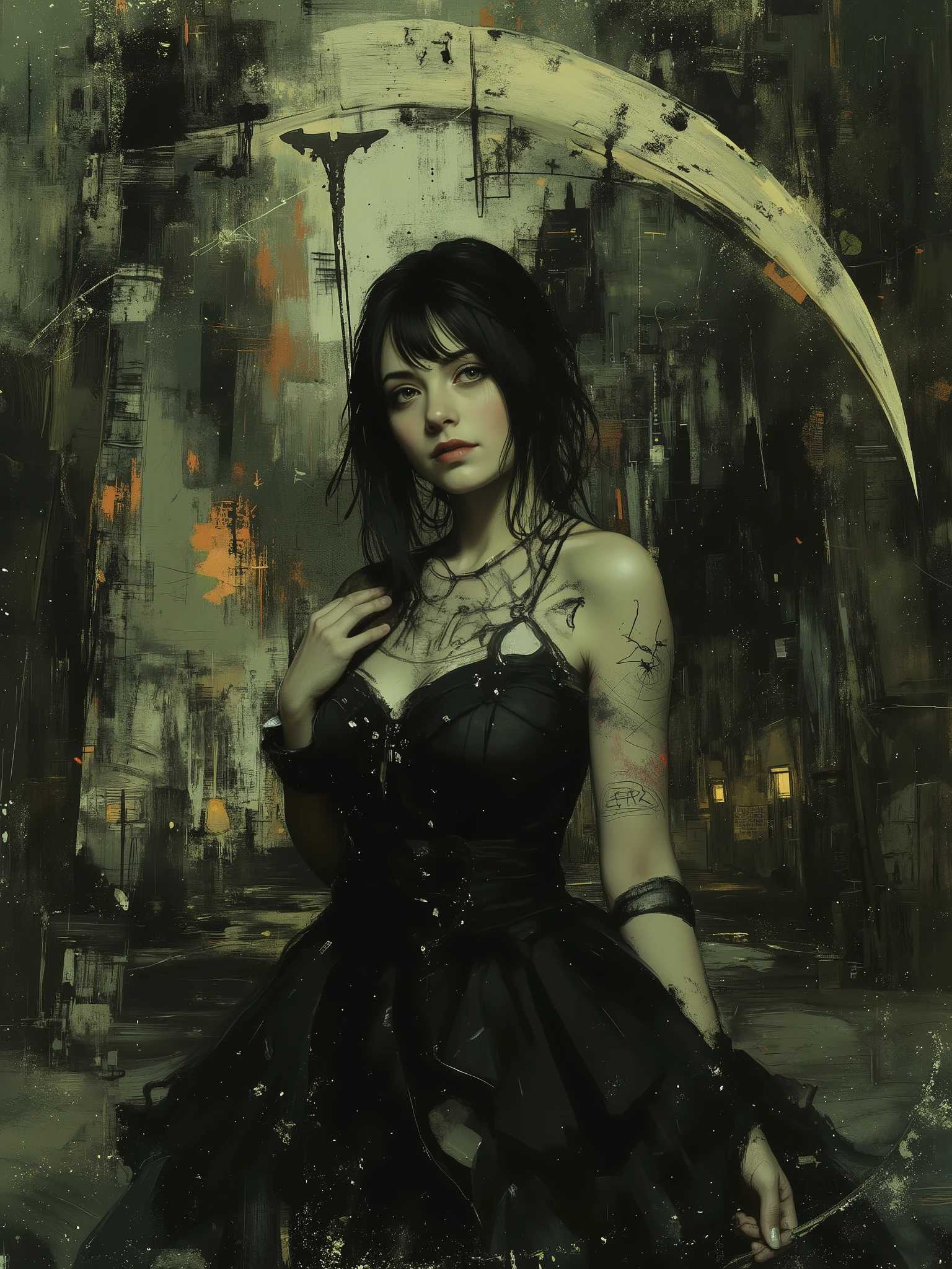 a dark-haired woman in a black dress, the most beautiful female death in the world, holding a scythe with the letters "eaa" engraved on it in spidery script, faded dark fantasy spirit realm behind her with gothic ruins and black skies, gothic, dramatic lighting, cinematic, detailed portrait, chiaroscuro, dramatic pose, intricate clothing folds, muted colors, moody atmosphere, highly detailed, photorealistic, 8k, masterpiece, neon colored, (oil painting,digital painting,masterpiece:1.2),photorealistic,8k,detailed,vivid,dynamic composition (dark and gloomy abstract painting),(dark colors,moody,ominous,mysterious,enigmatic:1.2),(abstract,surreal,avant-garde,conceptual art:1.1),organic shapes,textured brush strokes,dark tones,high contrast,emotive,evocative,atmospheric,cinematic.