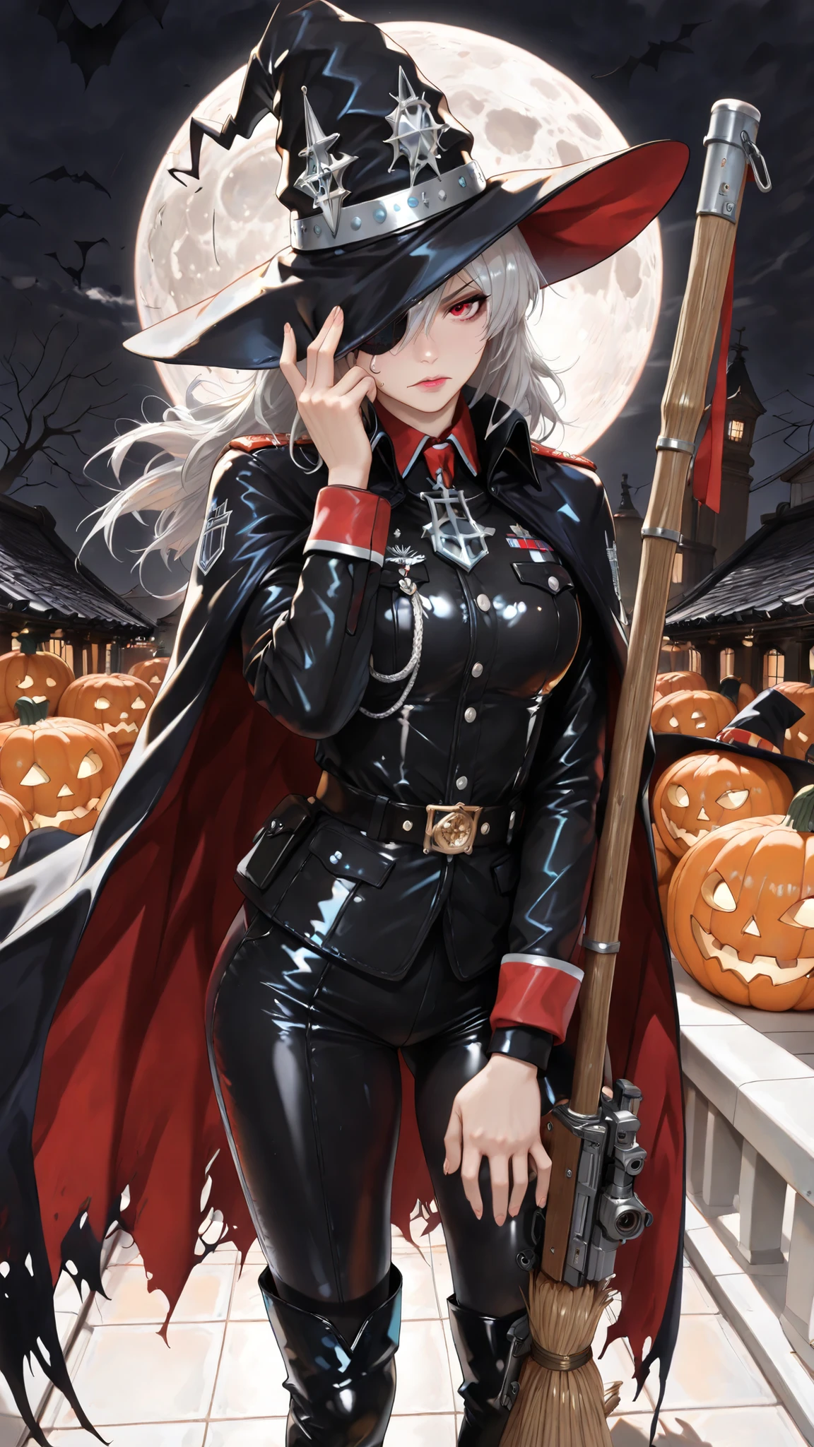 (masterpiece:1.5), (best quality:1.5), (photorealistic illustration:1.4), character concept art, dramatic atmosphere.

(((Major Hecate, the "One-Eyed" ace of the 13th Witch Air Cavalry Regiment))).
Standing on a gothic rooftop on Halloween night. A beautiful but battle-hardened woman with long silver hair flowing in the night wind. ((Covering one eye with a black leather eyepatch)).

Wearing a (long, heavy black cape with a striking crimson red lining), which billows powerfully in the wind.

She wears a (((stylish, military-style black witch hat adorned with a silver insignia))), its brim casting a shadow over her determined face.

Dressed in a black combat uniform. In her hands, she holds her mechanical and tactical flying broom, the "Alraune," like a rifle.

The background is a full moon, with a sprawling old town below, dotted with the light of jack-o'-lanterns. Dramatic moonlight rims her silhouette and sharply illuminates her expression.