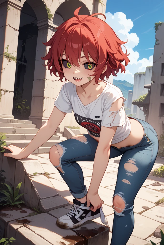 , kid, , denim shorts, White_tank_top:1, red hair, green eyes, annie, big thighs, open fly,