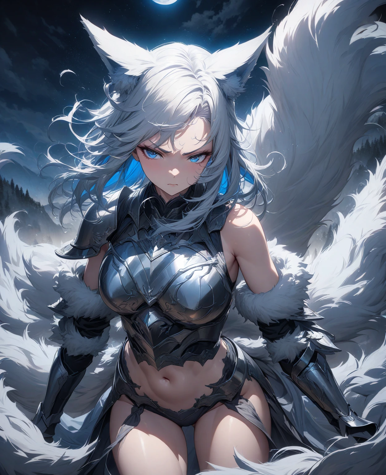 巨作、最好质量、Insanely detailed，Super detailed illustration、only girl、独奏、(Heavy fur armor:1.4)、(Bikini 1.1)、(Silver armor)、straggling hair、Long Silver Hair、(Over-the-knee boots:1.1)、(Thigh Armor:1.2)、(Hanging:1.5)、(Wolf motif:1.3)、cow-boy shot、(angry:1.4)，(snow mountain:1.2)，(Wind-effect:1.2)、5finger，,trying to hit at viewer,