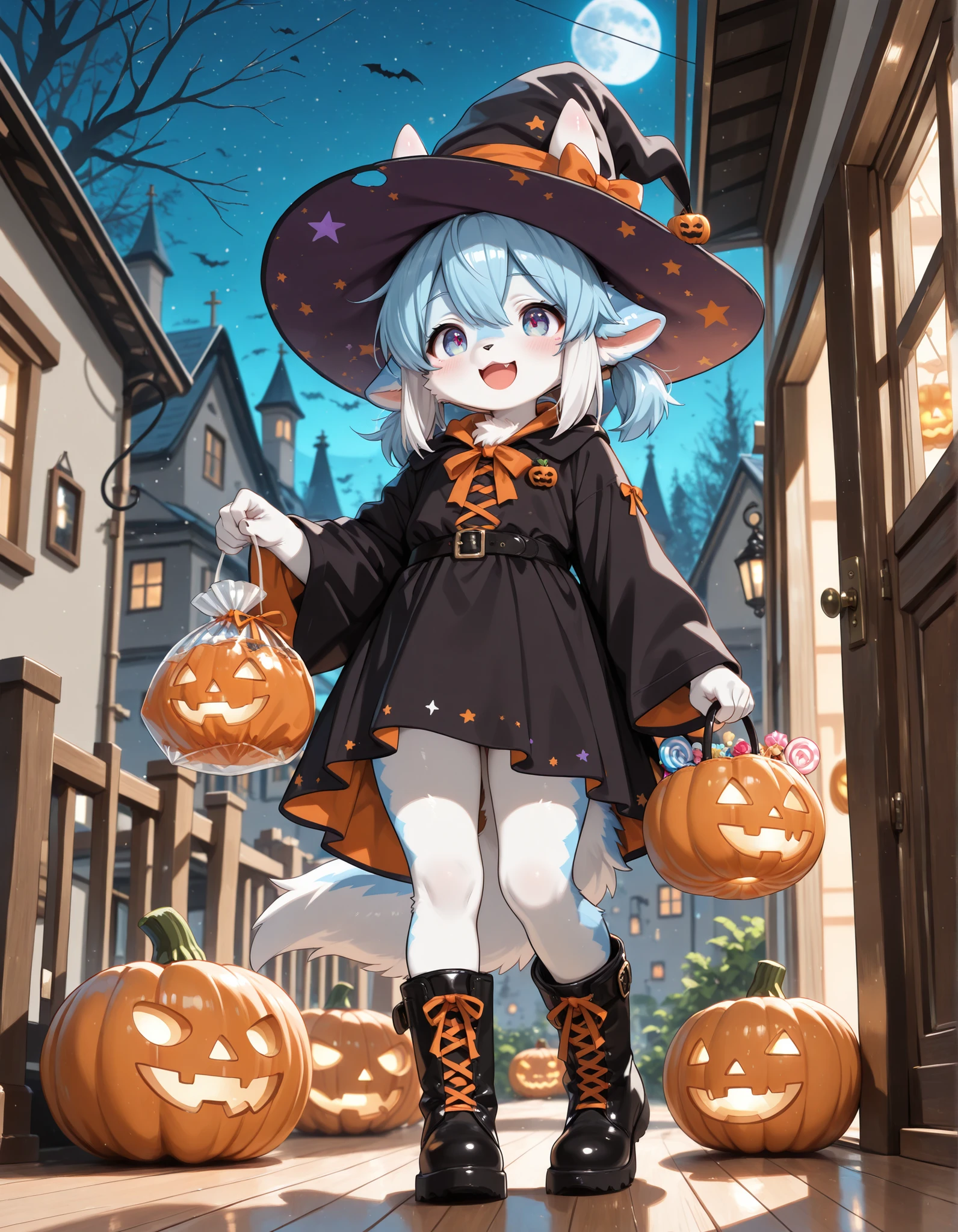 1girl, solo, witch hat, halloween, halloween theme, jack o lantern, child, :D, candy bag, standing, in front of a house, full body, night, boots, (best quality, masterpiece, illustration, ultra-detailed:1.3), (furry, anthro, kemono:1.3),