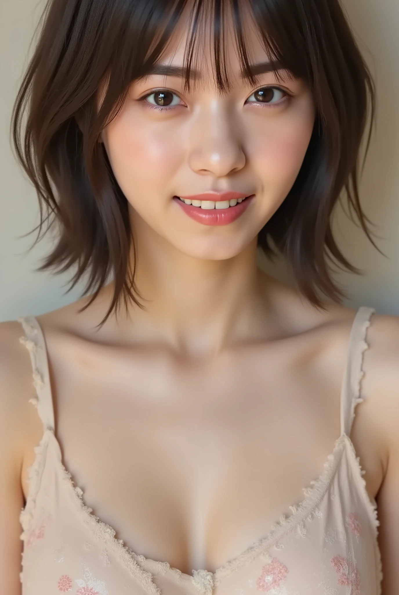 (( premium quality,  8k )), ((masterpiece)), ( details),    、dark hair,  Japanese girls,   first-person view   ,One Woman, a plump woman, petite female ,   sexy,(  full nude, in the bedroom),(((    Super Giant Bust ,    full nude,  beautiful breasts,  Short Bob Hair , dark hair))),  ((dark hair, full nude)) , (( No decoration,  no accessories,       without makeup  ))