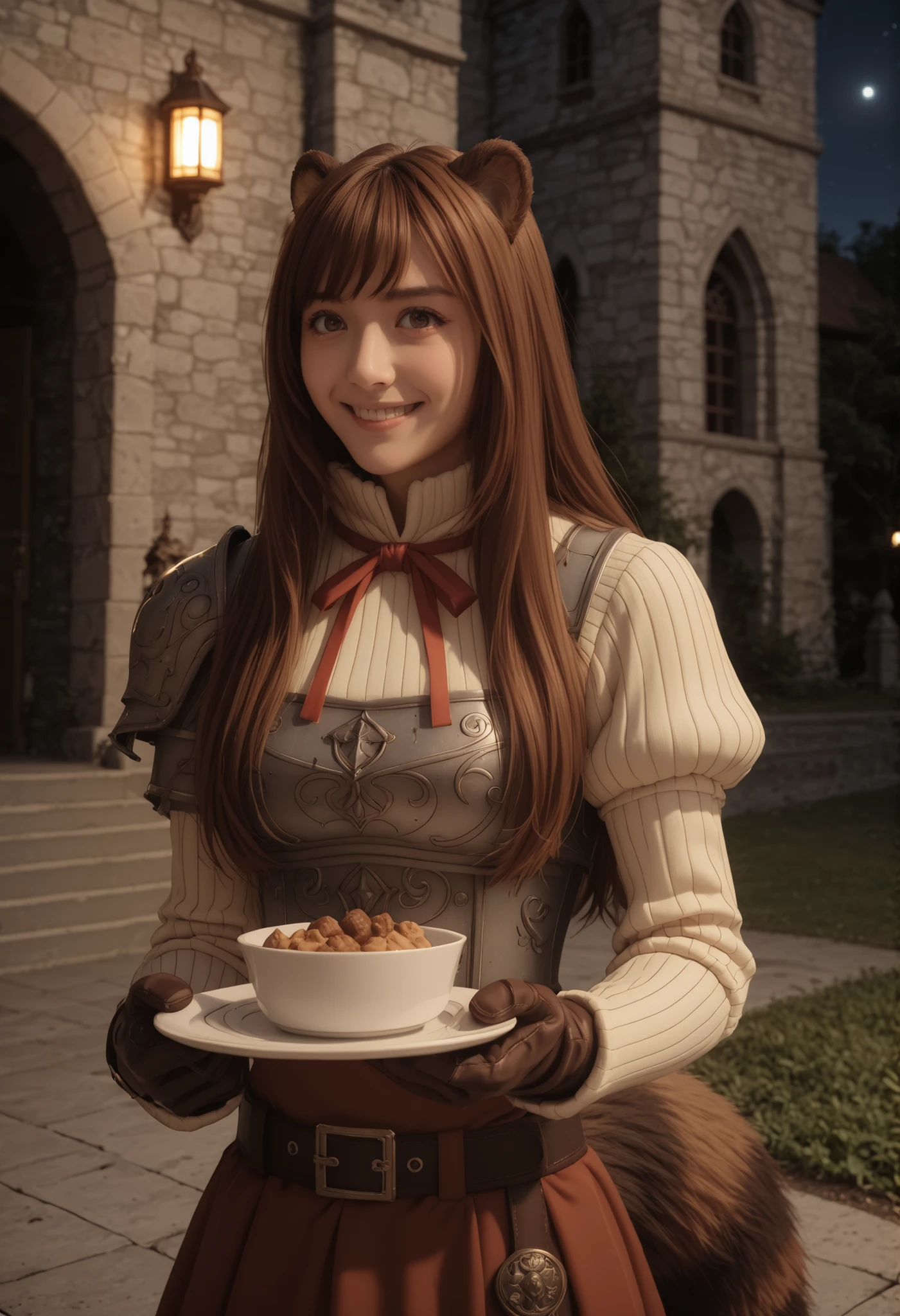 (Raftalia, long hair, Bang, brown hair, animal ears, raccoon ears, Raccoon Tail , raccoon girl, PinkEye, big boobs,),
long sleeve, sweater, ribbed sweater, puffy sleeve, breastplate, ribbon, red ribbon, gauntlet, gloves, brown glovess, belt, skirt, Armor,
,
watching viewers, smile, velvet skin,
Chapel, Outdoors, night, moonlight, Seductive Body, stand up,
complex composition , detailed eyes, detailed text, ultra detail, masterpiece, Highest Quality, excellent quality, A very aesthetic , realistic, photorealistic,