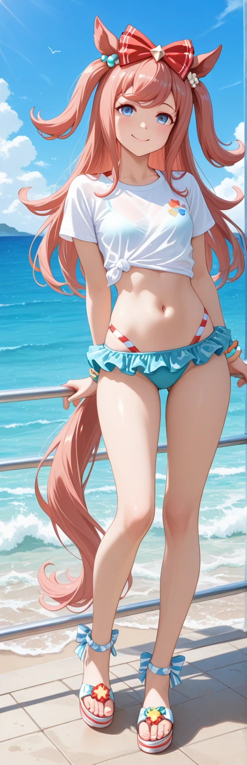 (meio ))) (((bunda grande))) linda e fofa senhora, wearing ??????, cabelos longos, rosa, braids, sorridente, na praia, (delgado), (cintura fina), (just ???), 8K , pernas magras e musculosas, barriga musculosa, barefoot, foto de corpo inteiro, Showing your ??? to the audience