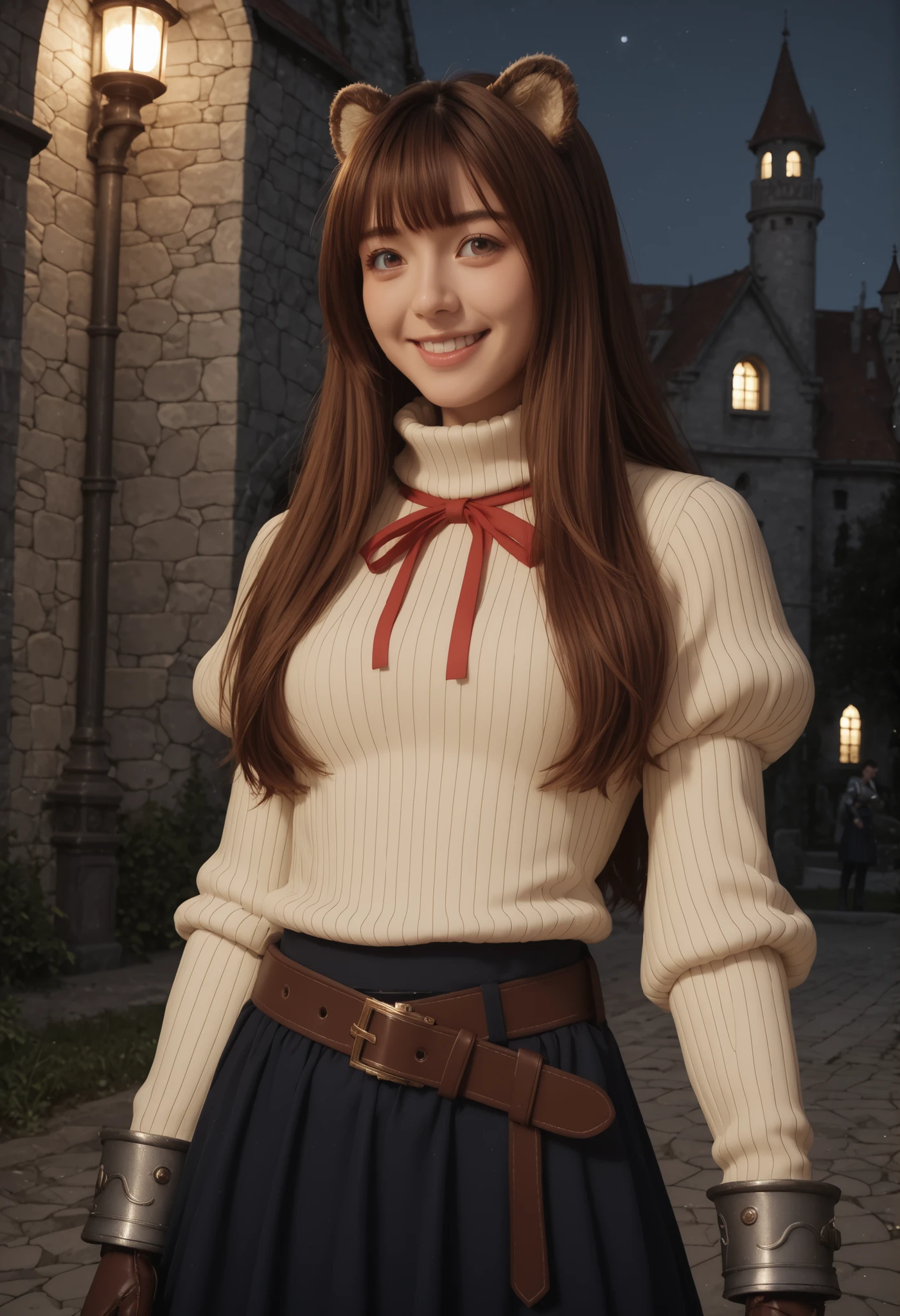 (Raftalia, long hair, Bang, brown hair, animal ears, raccoon ears, Raccoon Tail , raccoon girl, PinkEye, big boobs,),
Long Sleeves, sweater, ribbed sweater, puffy sleeve, breastplate, ribbon, red ribbon, gauntlet, gloves, brown glovess, belt, skirt, Armor,
,
watching viewers, smile, velvet skin,
Chapel, outdoors, night, moonlight, Seductive Body, stand up,
complex composition , detailed eyes, detailed text, ultra detail, masterpiece, Highest Quality, excellent quality, A very aesthetic , realistic, photorealistic,