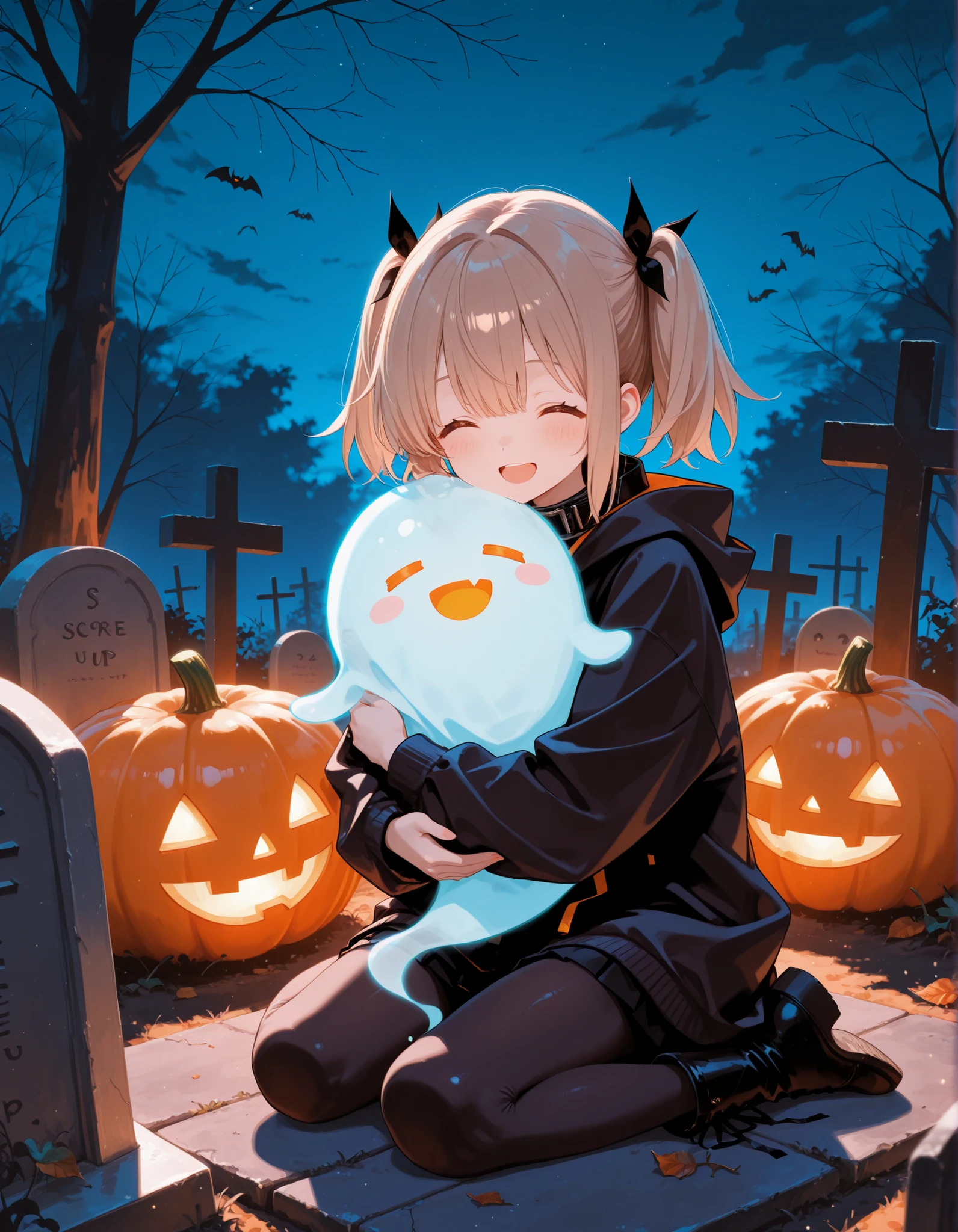1girl, solo, outdoors, grave, at night, hugging ghost, spirit, happy, short twintails, light brown hair, halloween 