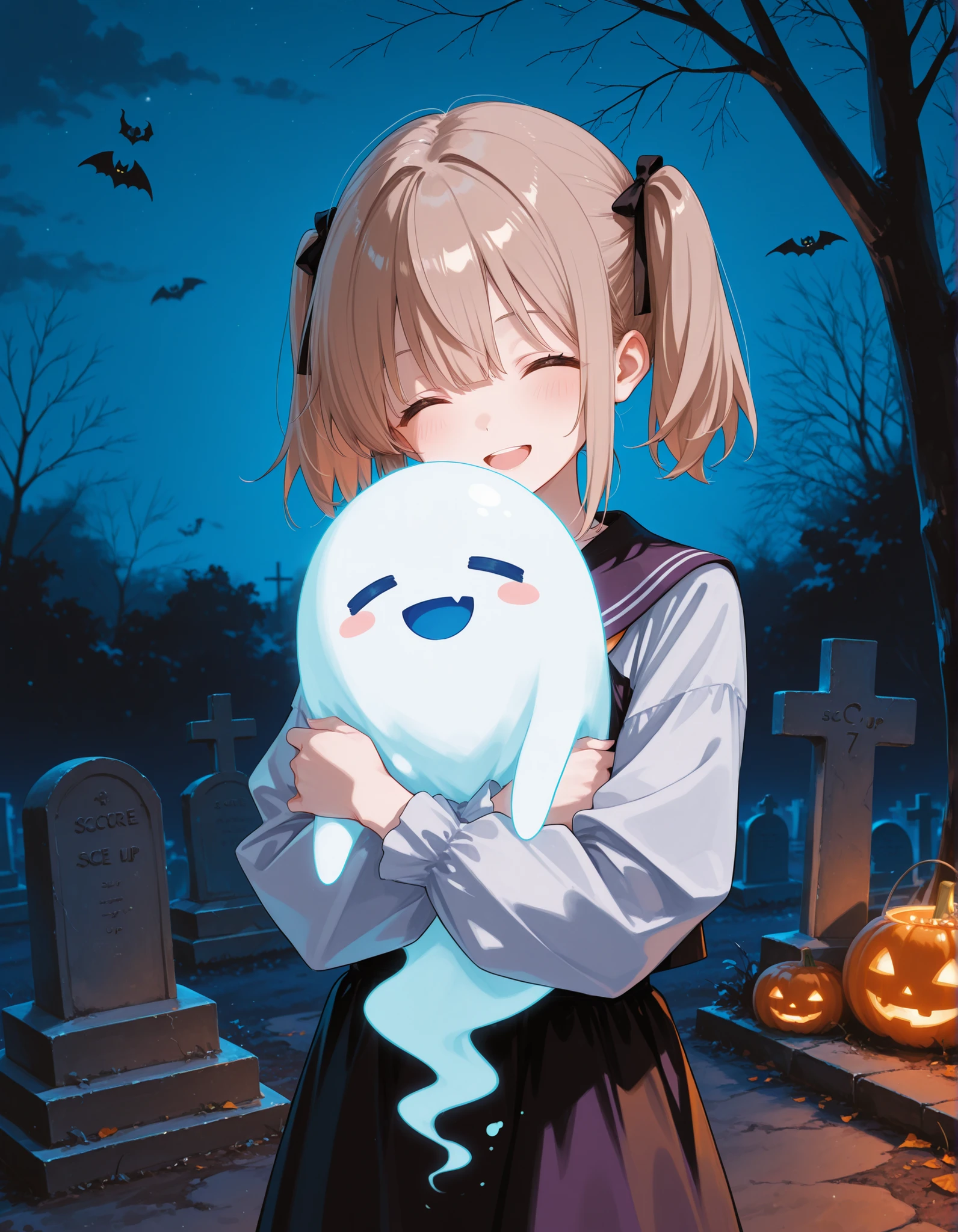 1girl, solo, outdoors, grave, at night, hugging ghost, spirit, happy, short twintails, light brown hair, halloween 
