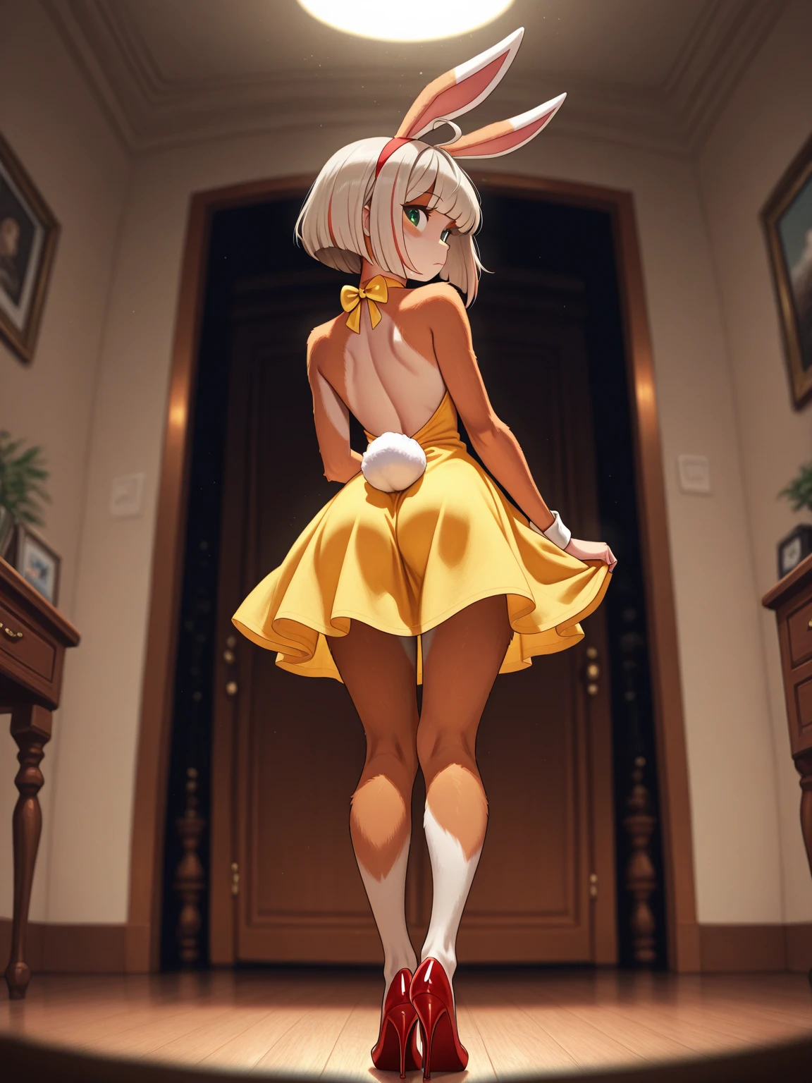 ((Best quality)), ((masterpiece)), (highly detailed: 1.3), anime girl, solo, blonde, one side ponytail, red eyes, freckles, ?????????????, small waist, nice ??? slim, ???? strapless one piece swimsuit, ???? bunny ears, high heels, walking towards the viewer, cleavage, shy, ?????? expression, full body picture, 8k, best quality