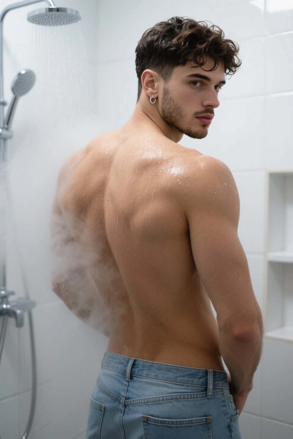 arafed man taking a selfie in a mirror with a cell phone, fit pic, Shirtless, slender and muscular build, with abs, under a shower, Full body picture, mid-shot of a hunky, Lean but muscular, Ripped, sweaty abs, in good physical shape, [ rigidly defined abs ]!!, middle body shot