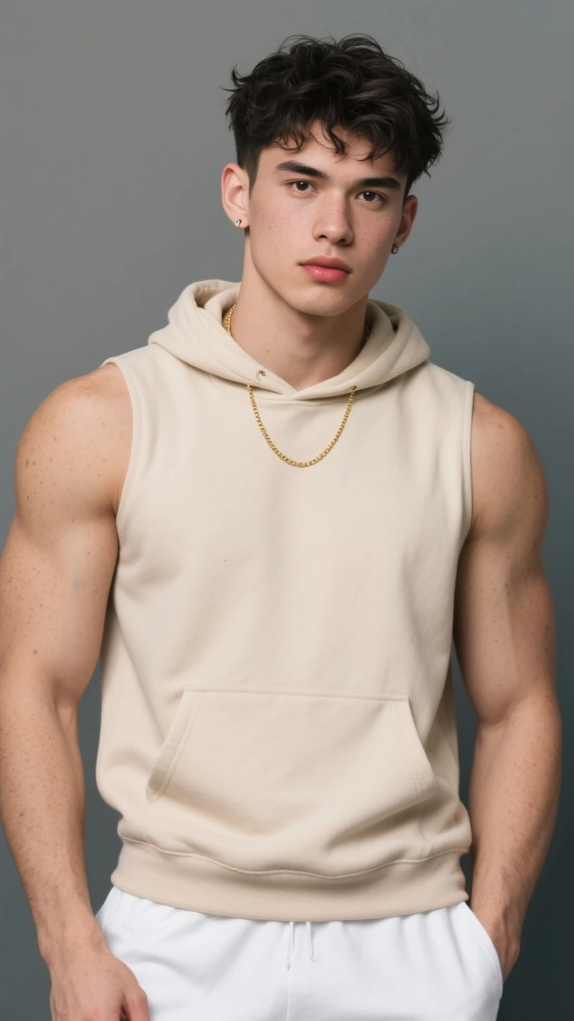 (side view:0.75), looking at viewer, <lora:sc_owen_epoch_8:0.8> caucasian male sksperson, BODE, wearing crotchet knitted purple tank-top and shorts, jewelry, white background, high contrast, deep shadows, professional photography