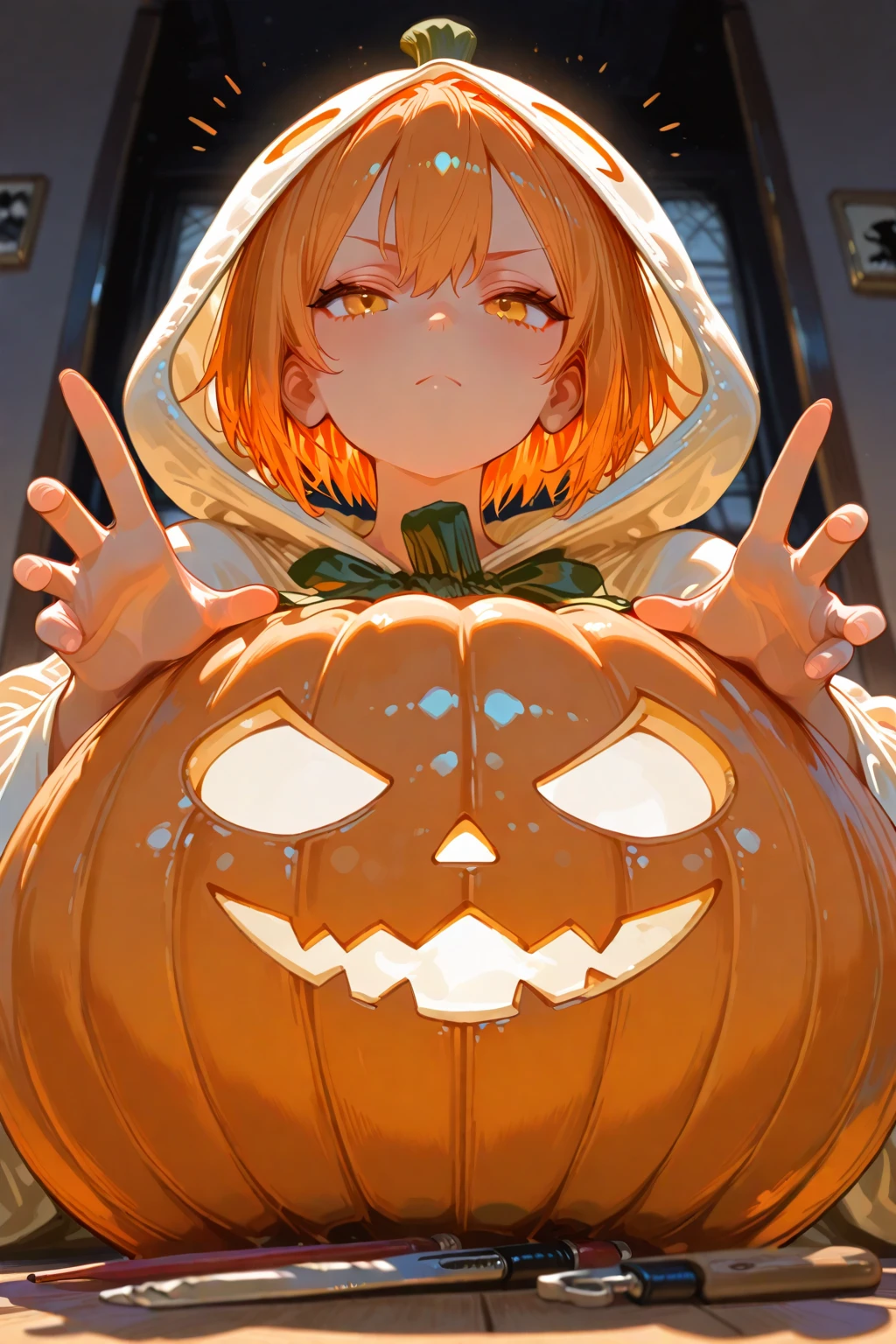 A cool adult woman wearing a white kimono、1 person、Hundreds of ghosts appear at night、Horror、Orange brown short hair、Yellow Eyes、Gloss、Gloss、Fight、A cheerful smile、Shibuya Background、Glare、won'Do not touch、Bold Pose