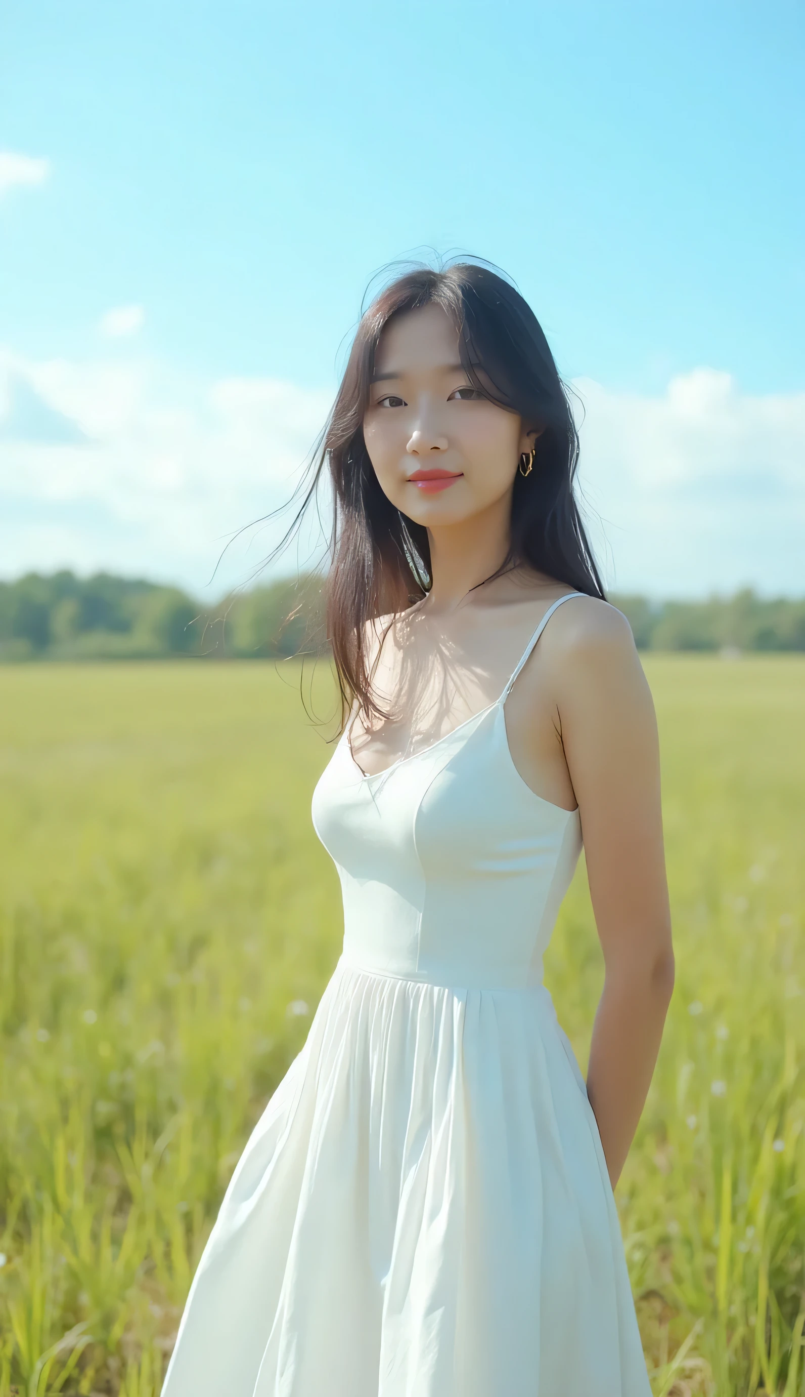 39 years Old young South Korean girls, beauty face, elegant face, thin, messy bun hair style, lipstick, night, brown skin color, Girl With a perfect figure, weight 33kg, tank top, height 170cm, in the meadow, the weather is cloudy and fog