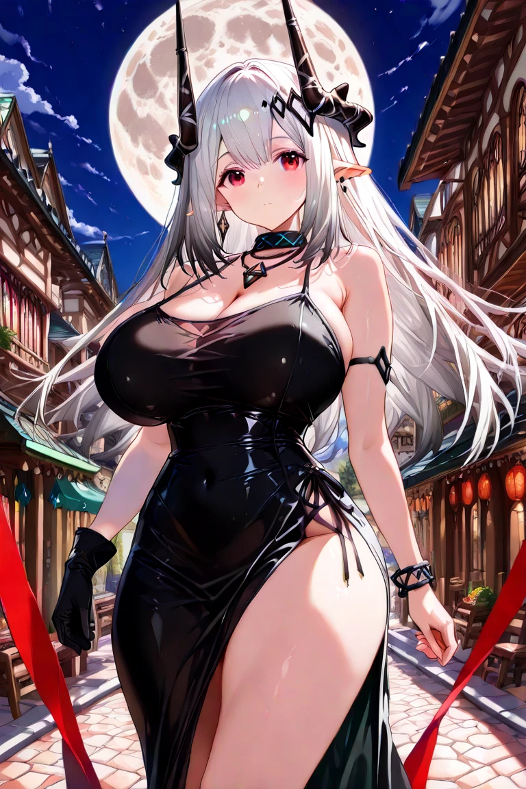 Niña pequeña, White hair,  Violets eyes, slave collar, chains on his neck and arms, demons, (Large round breasts: 0.6),  (Moon demon eyes: 1.18) (kimono: 0.9), (Wide hips: 0.75), (girl face: 0.6), (pale skin: 0.8).