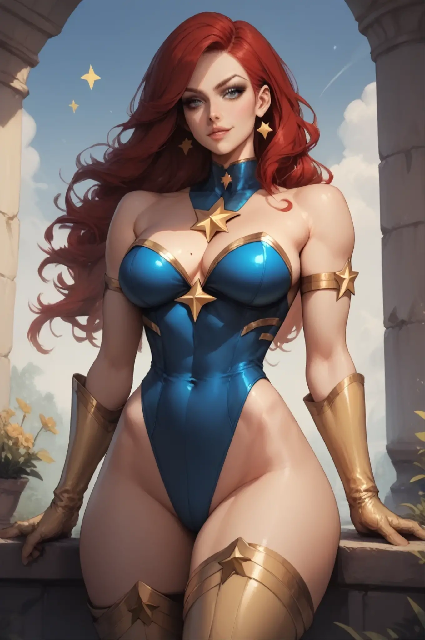 masterpiece, , Superheroine, Red hair, long hair, busty, ((blue highleg leotard with a t-back  and a gold star insignia on )), gold boots, gold gloves,