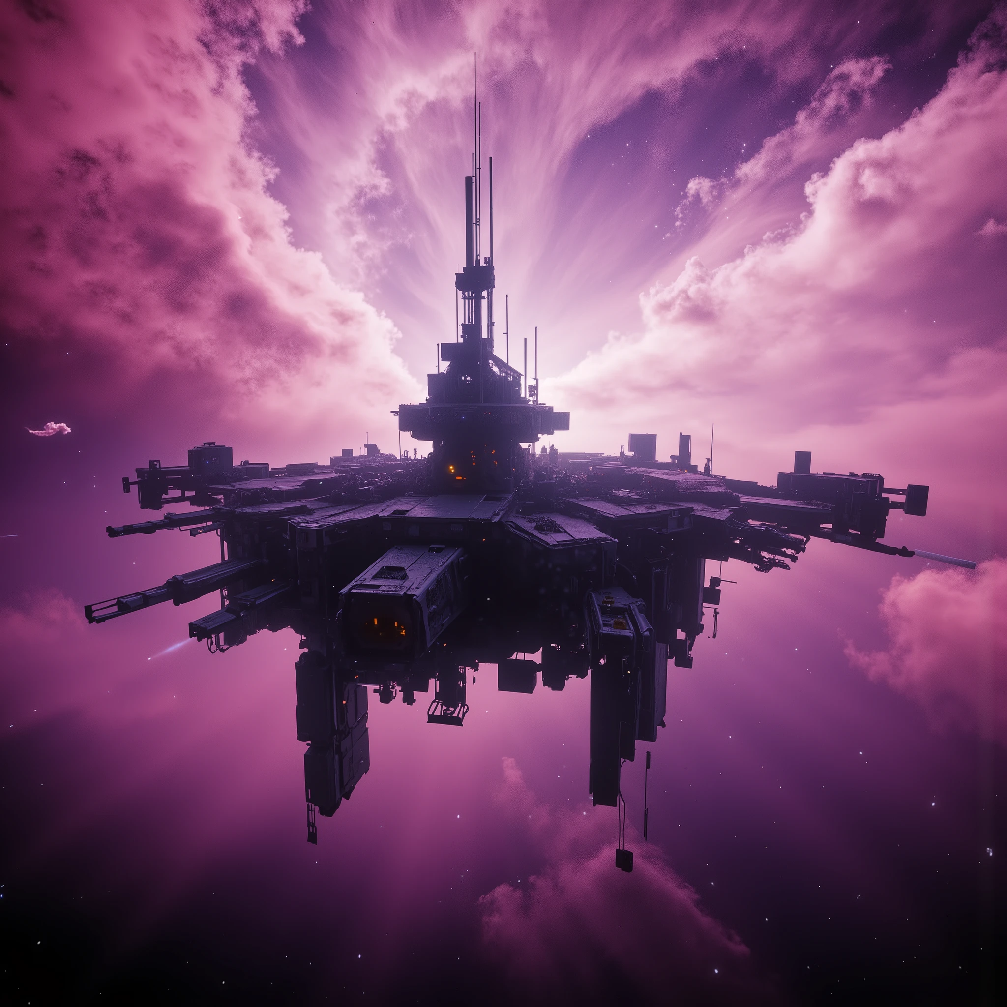 Desolate and abandoned Space Station in in interstellar space. The abandoned station is a contrast against an awe inspireringly beautiful nebula filled with pink and purple gradients