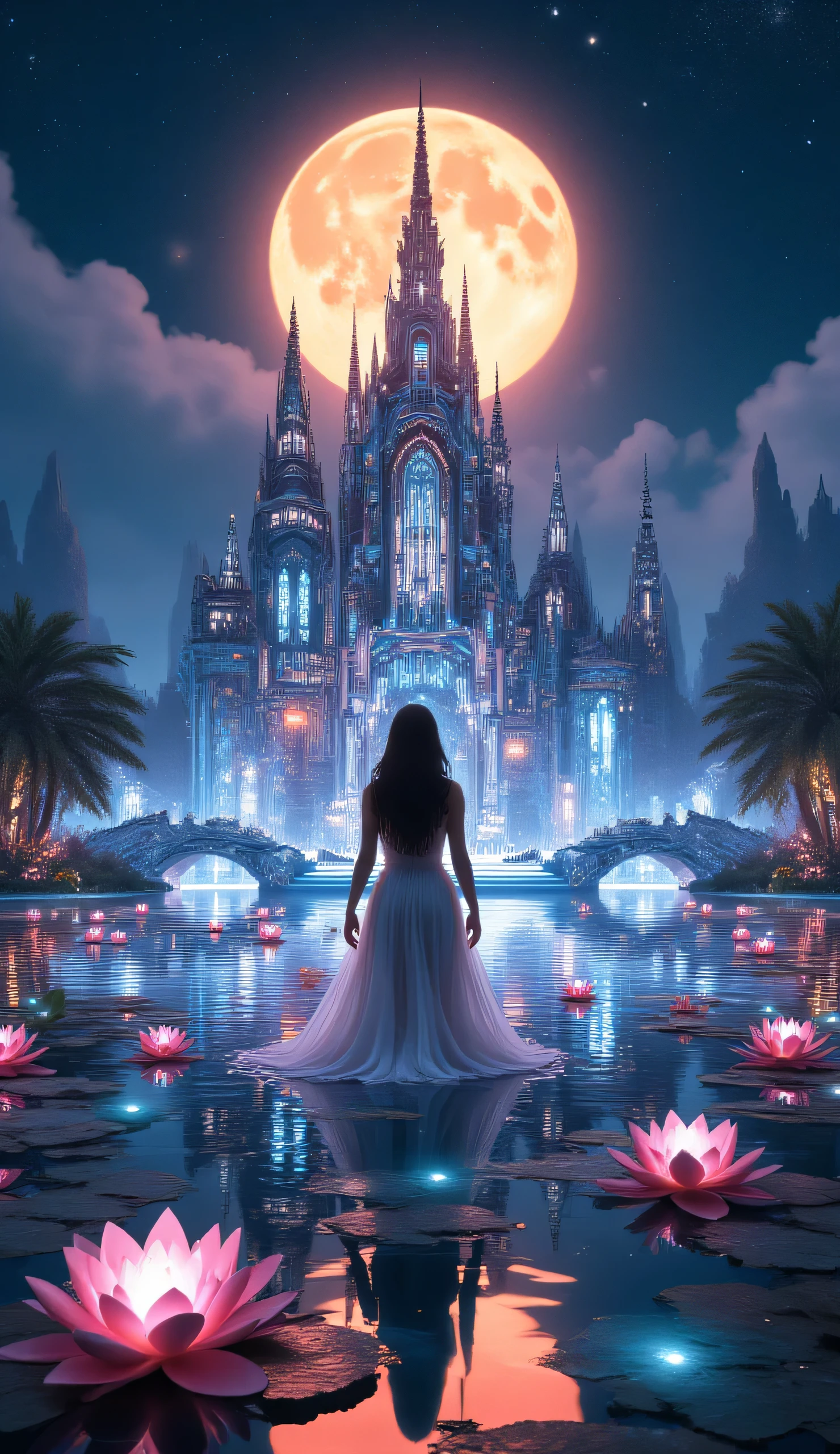 curvy woman with summer dress, majestic chrome palace with intricate faceted towers floating in bg, captivating ethereal beauty emerges in dynamic profile from the middle of an enchanted lake, surrounded by vibrantly glowing water lilies & glowing fireflies under a starry night sky, illuminated by soft ethereal moonlight casting delicate reflections on the water. stunning dreamy cinematic fantasy, hyper realistic, chrome palace, shiny chrome, orange full moon, lotus flowers, crystal clear mirroring water, chromatic palace, hyper-realistic , ultra quality
